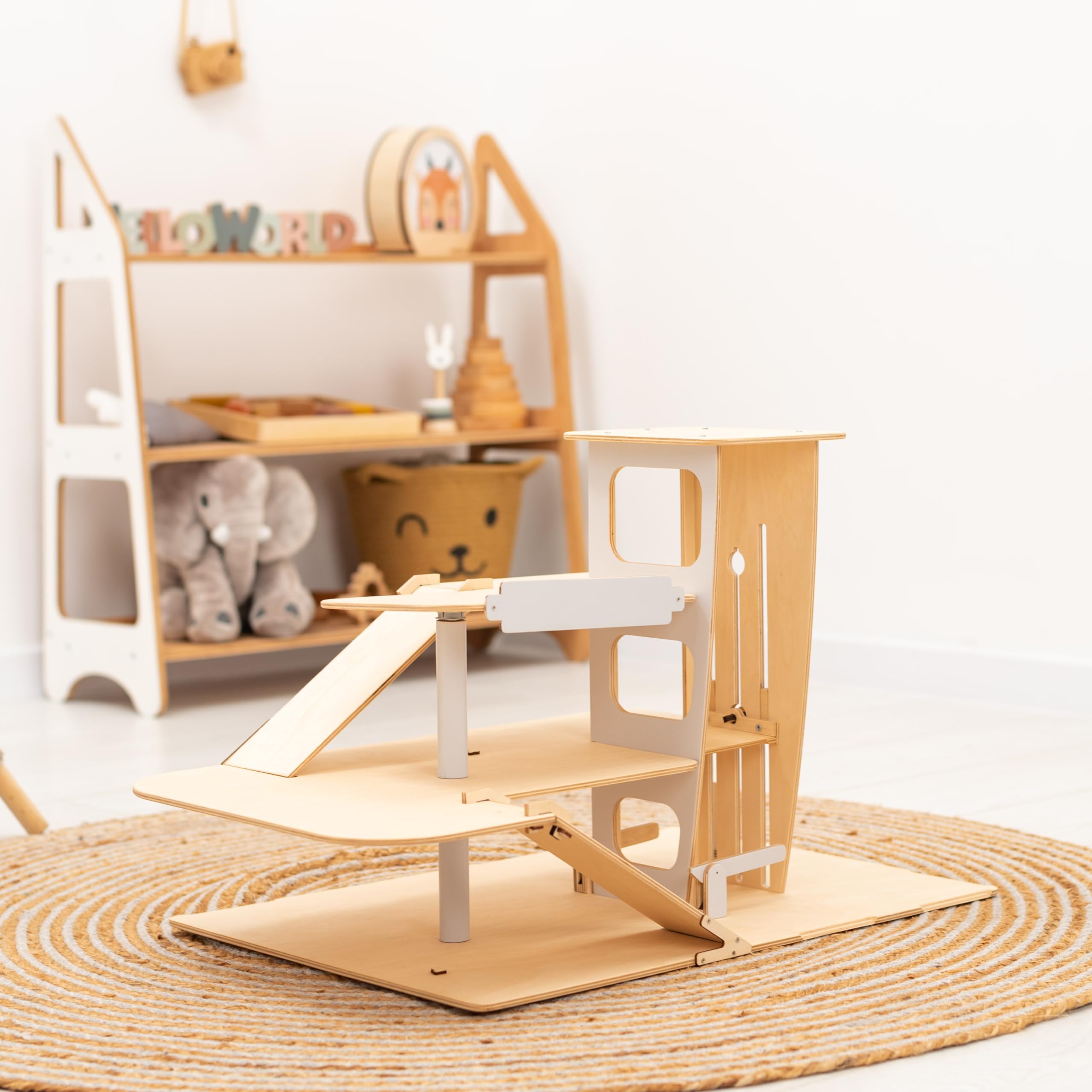 **Wooden Toy Parking Garage with Elevator - Car Storage Organizer for Hot Wheels & Mini Cars - Toddler Gift for Boys & Girls Ages 1-4 - Small Natural Wood Shelf for Playroom, Bedroom, or Daycare**