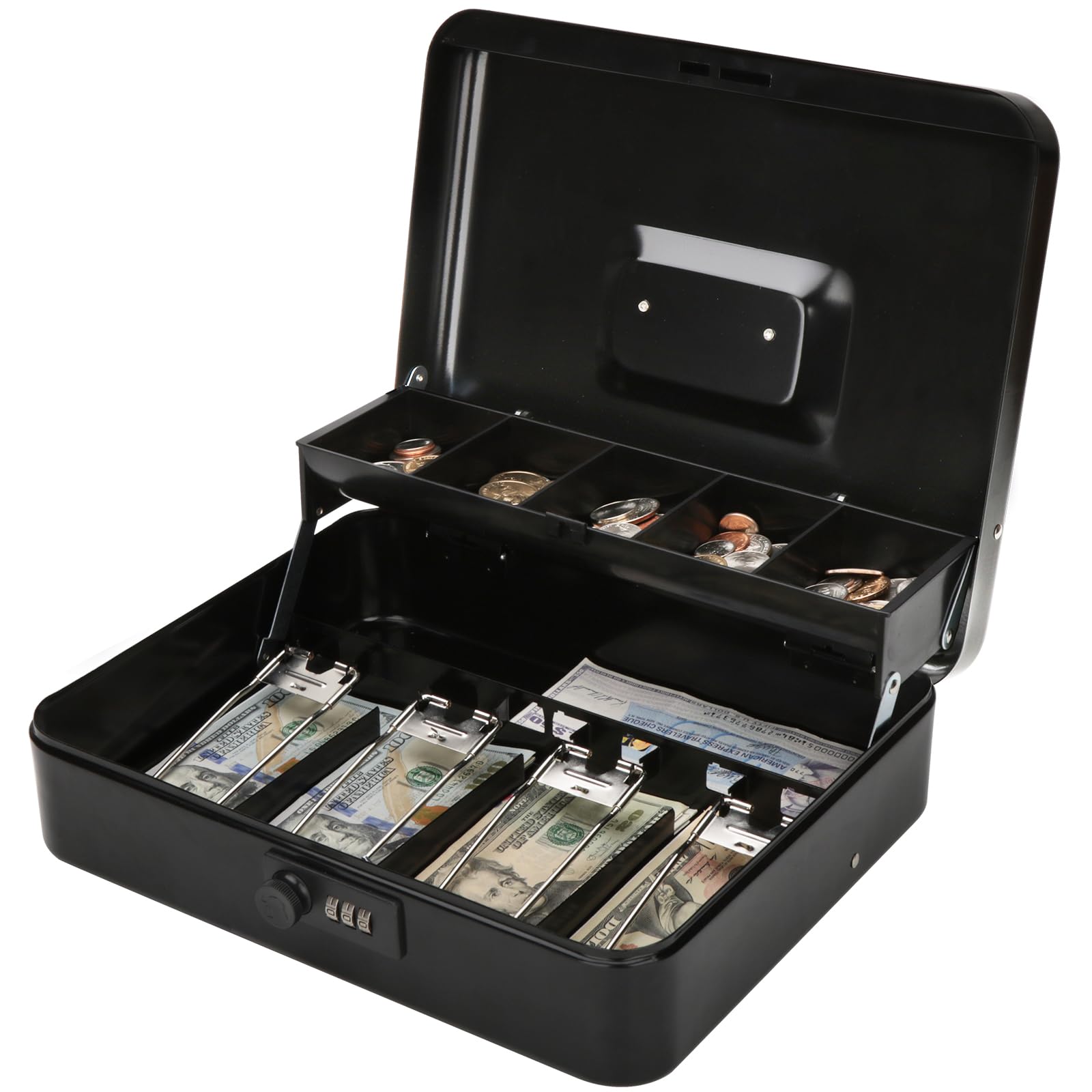 Jssmst Large Metal Cash Box with Money Tray & Combination Lock - Secure Black Money Storage Box for Home, Office, Retail Store, or Small Business Use