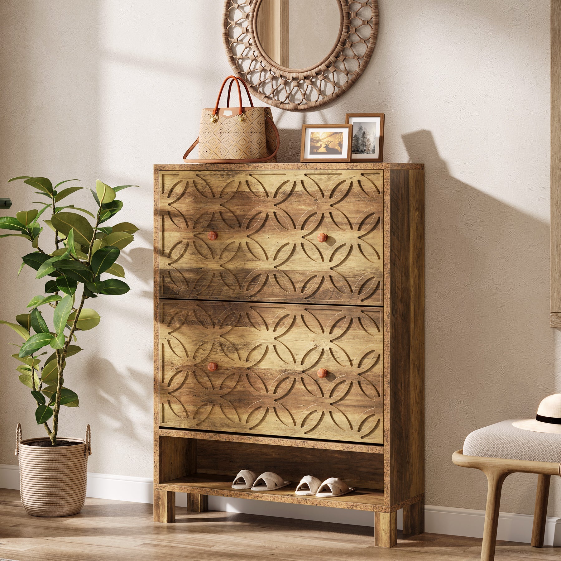 Rustic Wooden Shoe Cabinet with 2 Flip-Up Drawers - Space Saving Entryway Shoe Organizer for Hallway, Closet & Mudroom Storage