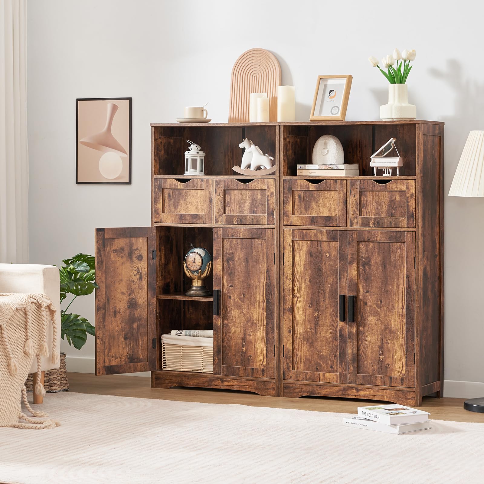 Iwell 2-Drawer Storage Cabinet with Adjustable Shelves, Rustic Brown Cupboard for Living Room, Home Office - Organize Clothes, Books & Home Essentials