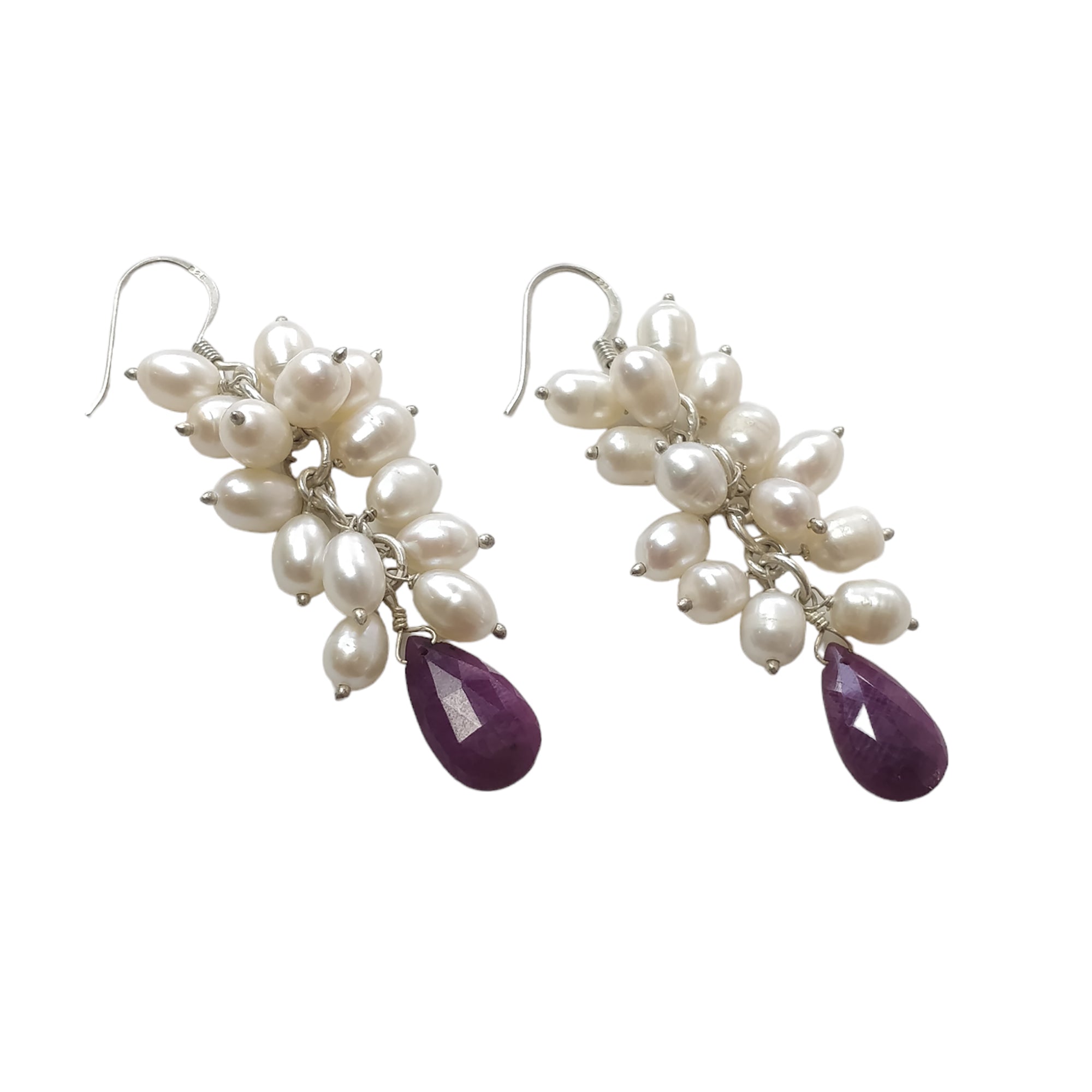 Ruby & Pearl Gemstone 925 Sterling Silver Drop Dangle Earrings - 15.79g Natural Beaded Hook Earrings for Women | Perfect for Weddings, Parties & Special Occasions