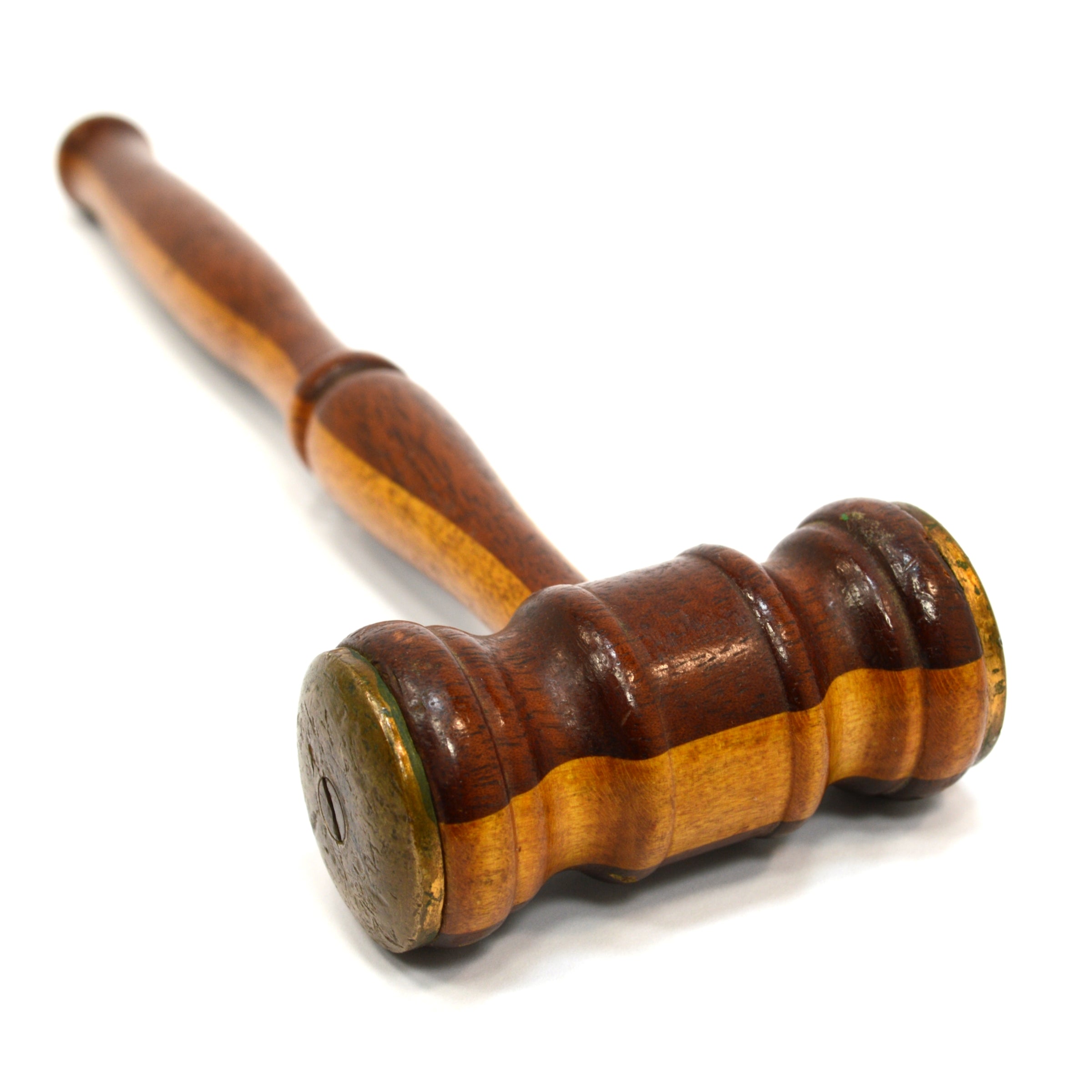 Antique 2-Tone Turned Hardwood Gavel - Mahogany & Oak with Brass Face Plates | Beautiful Courtroom & Auction Hammer for Judges, Collectors & Legal Professionals