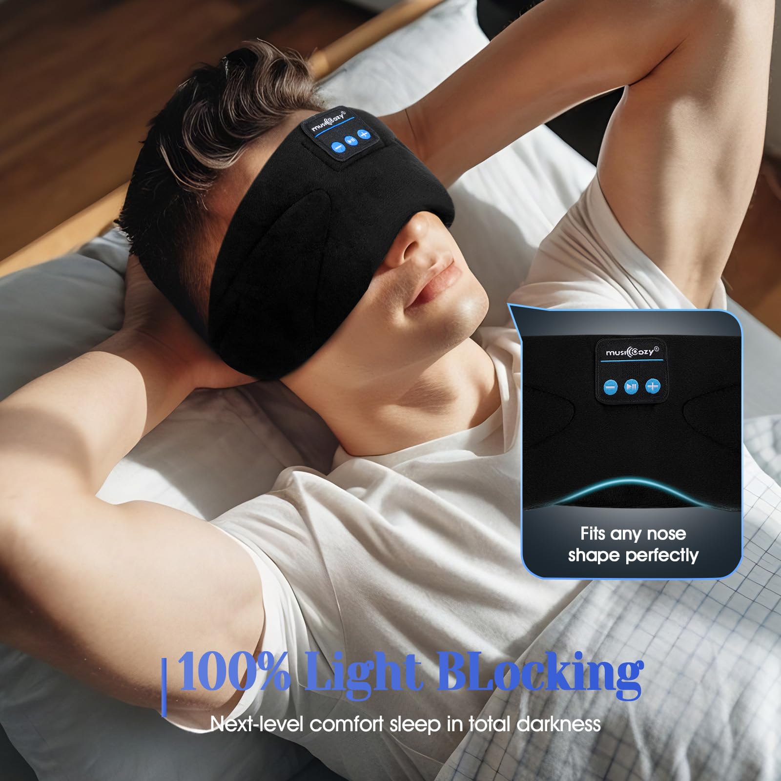 Musicozy Bluetooth Sleep Mask with Headphones - Soft Blackout Eye Mask for Sleeping, Relaxation, Travel, Meditation & Yoga - Wireless Sleep Headphones for Men & Women - Perfect for Nighttime Use, Airplane Travel & Stress Relief