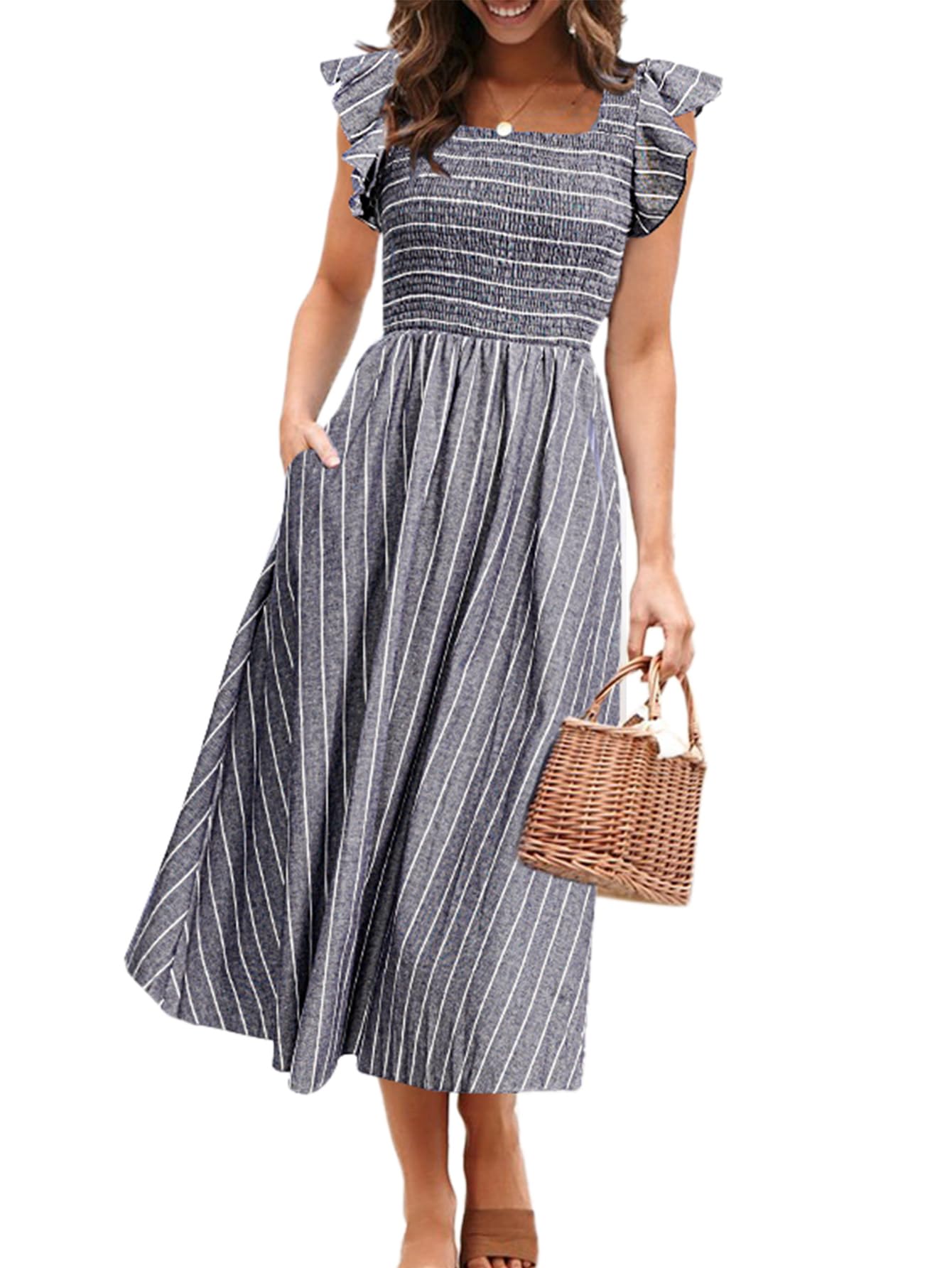Miessial Women's Casual Summer Midi Dress - Short Sleeve Smocked Linen Boho Dress with Pockets | Beach Wedding Guest Outfit, Vacation Wear & Everyday Summer Dress 2025