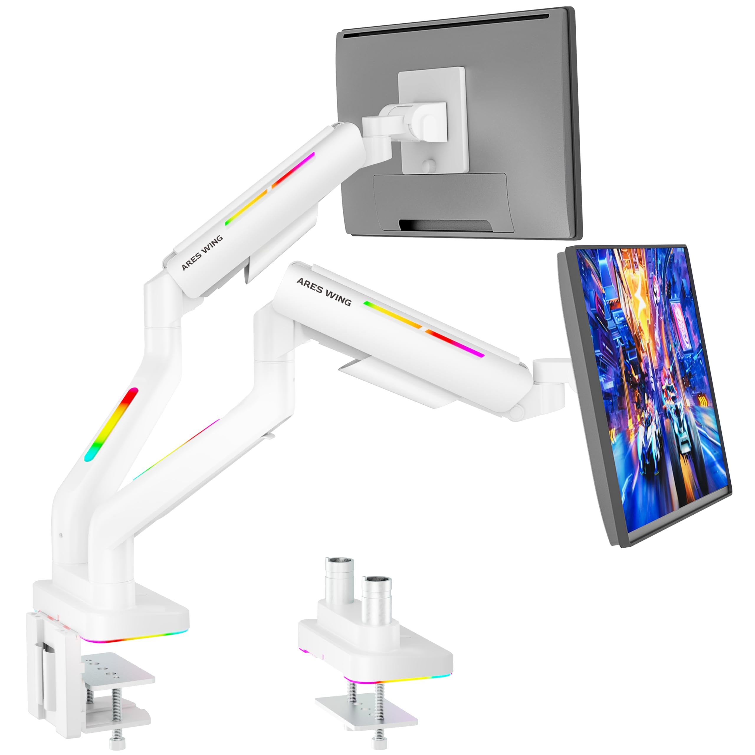 ARES WING Dual Monitor Stand for 17-35 Inch Screens - Heavy Duty Adjustable Gas Spring Monitor Arm with RGB Lighting, 44 lbs Capacity, 75/100 VESA Mount (Clamp/Grommet Base, White) - Perfect for Home Office, Gaming Setup & Workspace Ergonomics