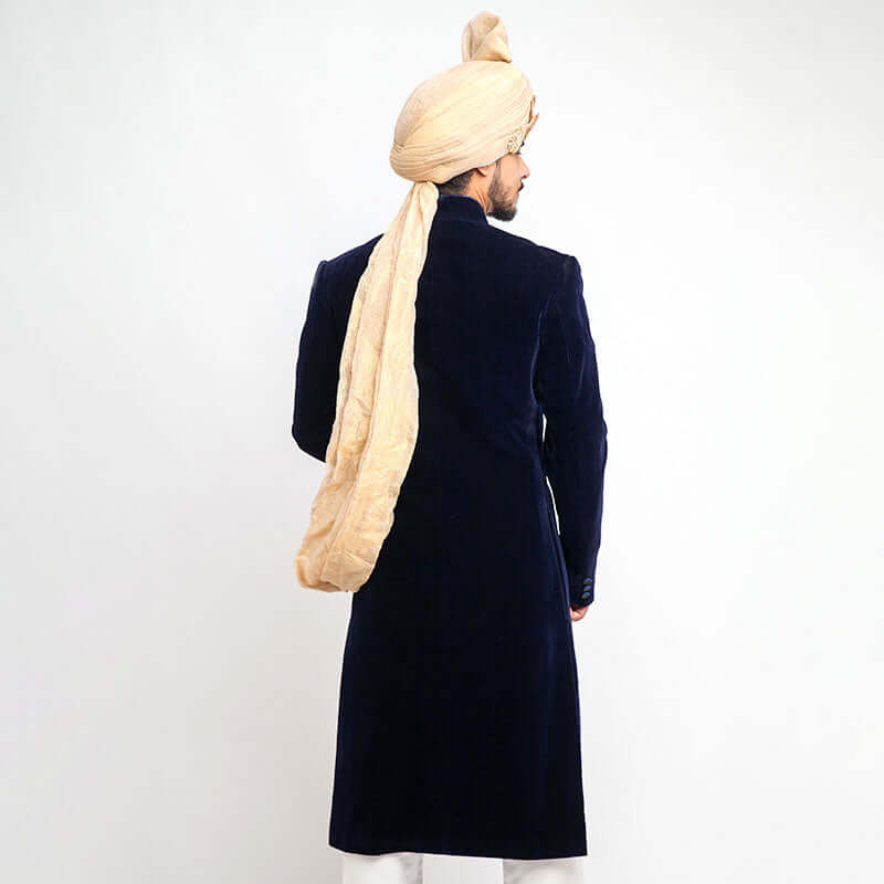 Jet Black Velvet Sherwani for Men - Slim Fit Indian Wedding Suit - Perfect for Cocktail Parties, Groom Wear & Special Occasions