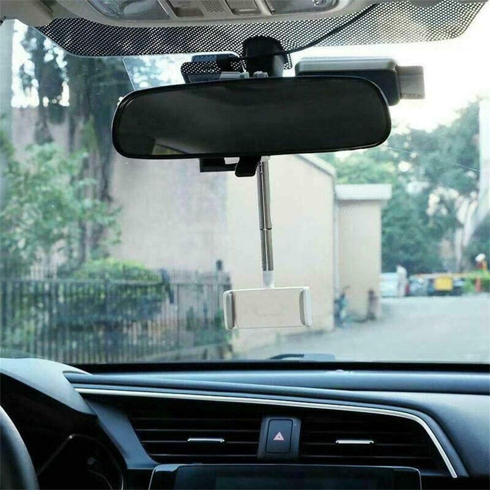 360° Adjustable Universal Car Phone Holder - Telescopic Rearview Mirror Mount for iPhone, Samsung & GPS Navigation - Perfect for Hands-Free Driving & Road Trips (Black)