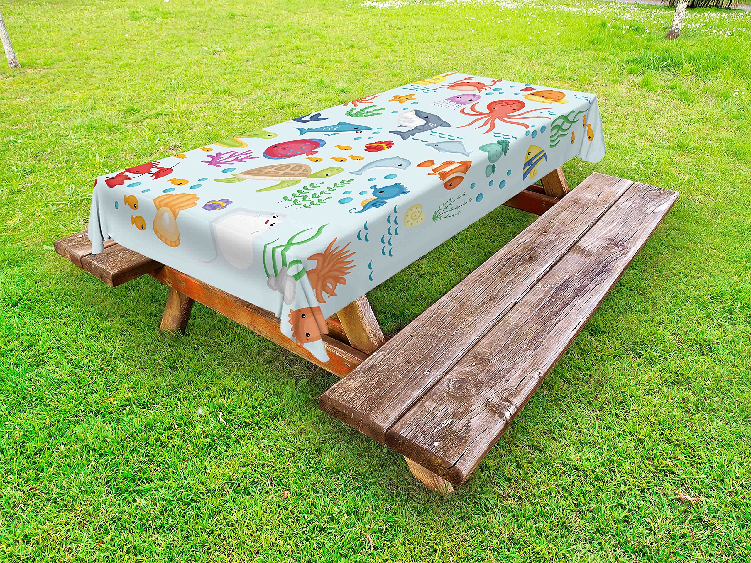Ambesonne Marine Themed Outdoor Tablecloth - Waterproof Washable Picnic Table Cover with Sea Animals Design (Crabs, Squid, Lobster, Octopus, Starfish) 58