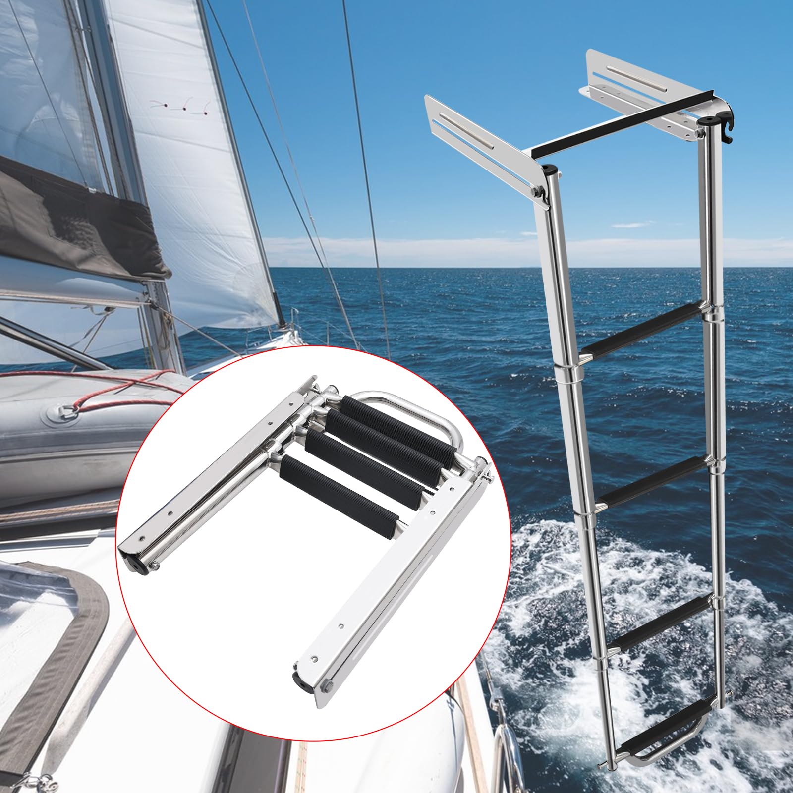 KAOLALI 4-Step 316 Stainless Steel Telescoping Marine Ladder - Retractable Boat Ladder for Yacht, Dock & Pool - Heavy Duty Under Platform Ladder for Boats, Pontoons & Swimming Platforms    (Use: Perfect for boarding boats from docks, swimming platforms, or pools. Ideal for yachts, pontoons, and marine applications requiring durable, rust-resistant access.)