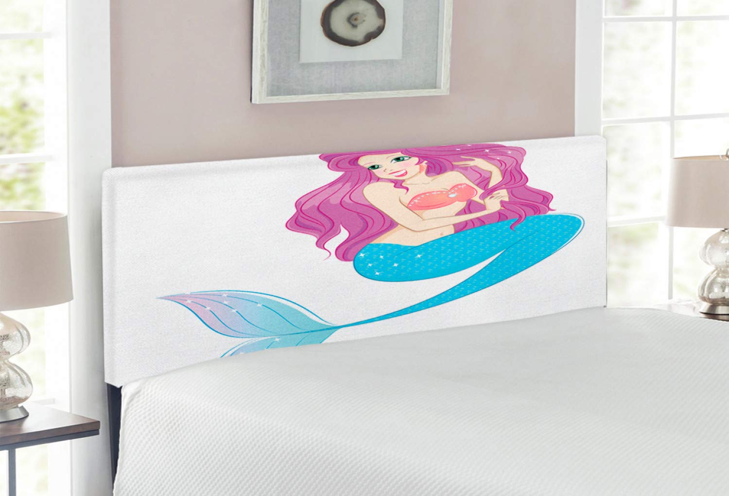 Ambesonne Full Size Upholstered Mermaid Headboard - Folk Mythical Character Cartoon Design with Memory Foam, Turquoise Fuchsia White - Perfect for Kids' Bedrooms, Fantasy Themed Decor & Coastal Style Homes