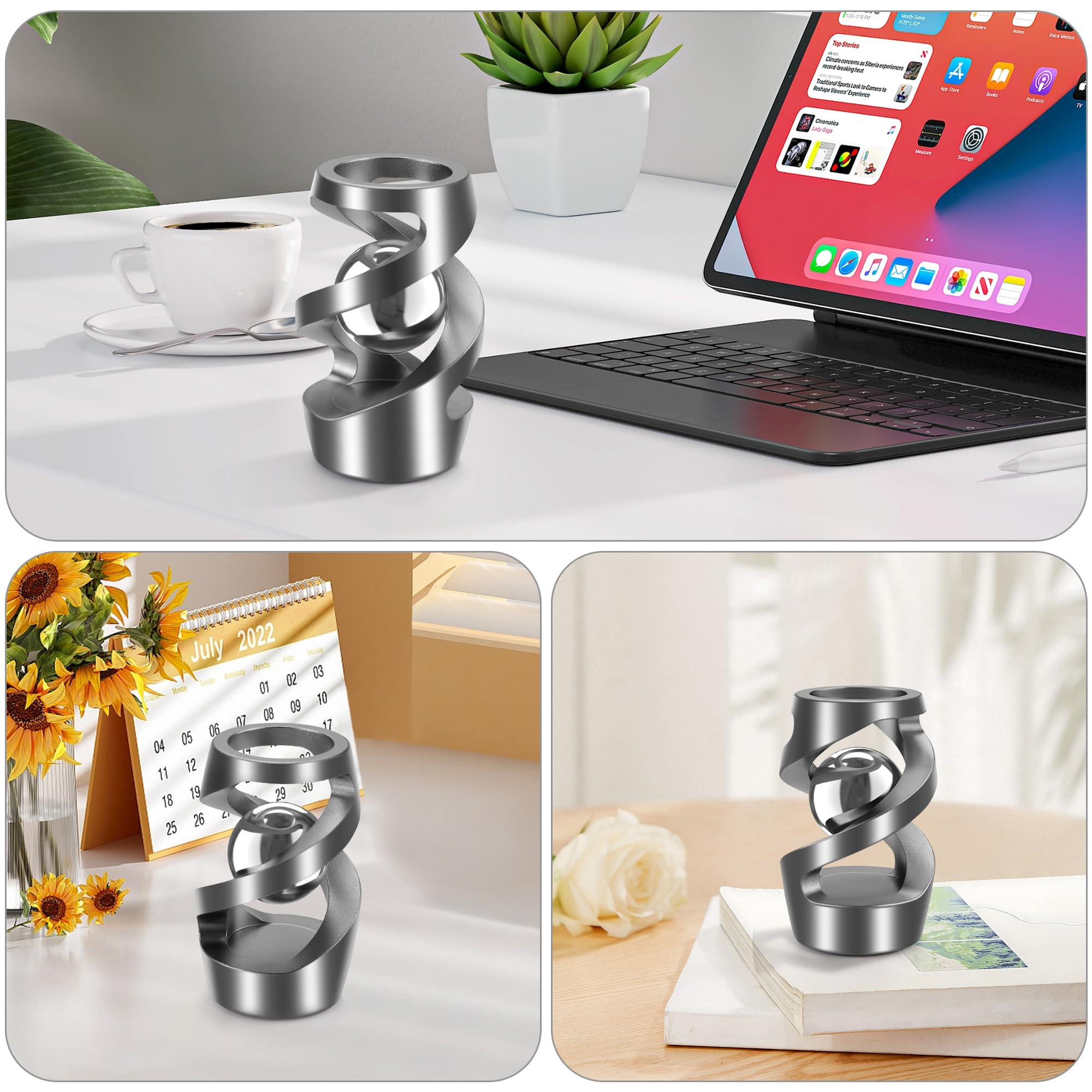 Upgraded Kinetic Desk Toys for Adults & Kids - Stress Relief Fidget Spinner for Office, ADHD, Anxiety - Quiet Desk Fidget Toys for Teens & Adults - Grey Silver - Perfect for Work, Study & Focus Enhancement