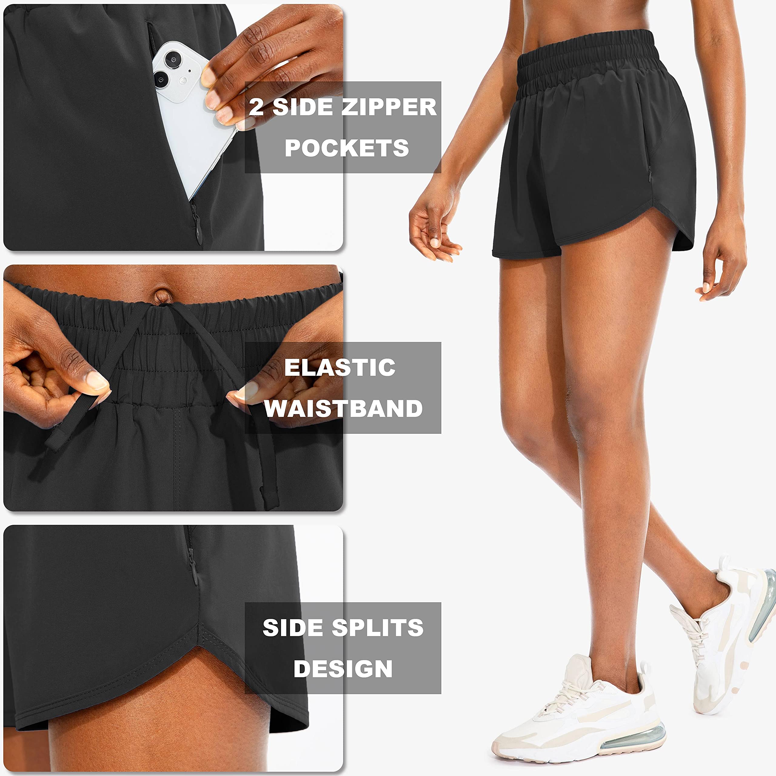 SANTINY High Waisted Running Shorts for Women with Zip Pockets - Athletic Gym Workout Shorts with Liner - Perfect for Jogging, Yoga & Fitness Training