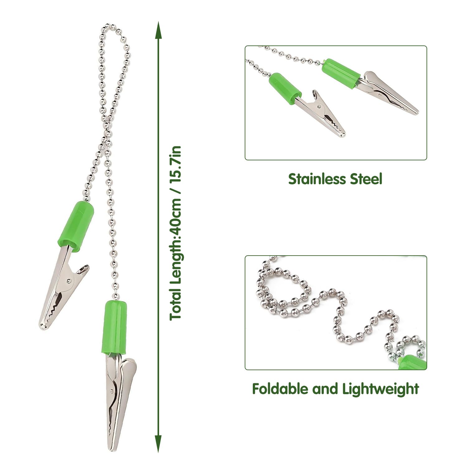 5 Pcs 40cm / 15.7in Dental Bib Clips - Flexible Steel Ball Chain Bib Clamps for Dentists, Dental Hygienists & Salons - Perfect for Holding Dental Bibs, Napkins & Protective Coverings During Procedures & Treatments (Green)