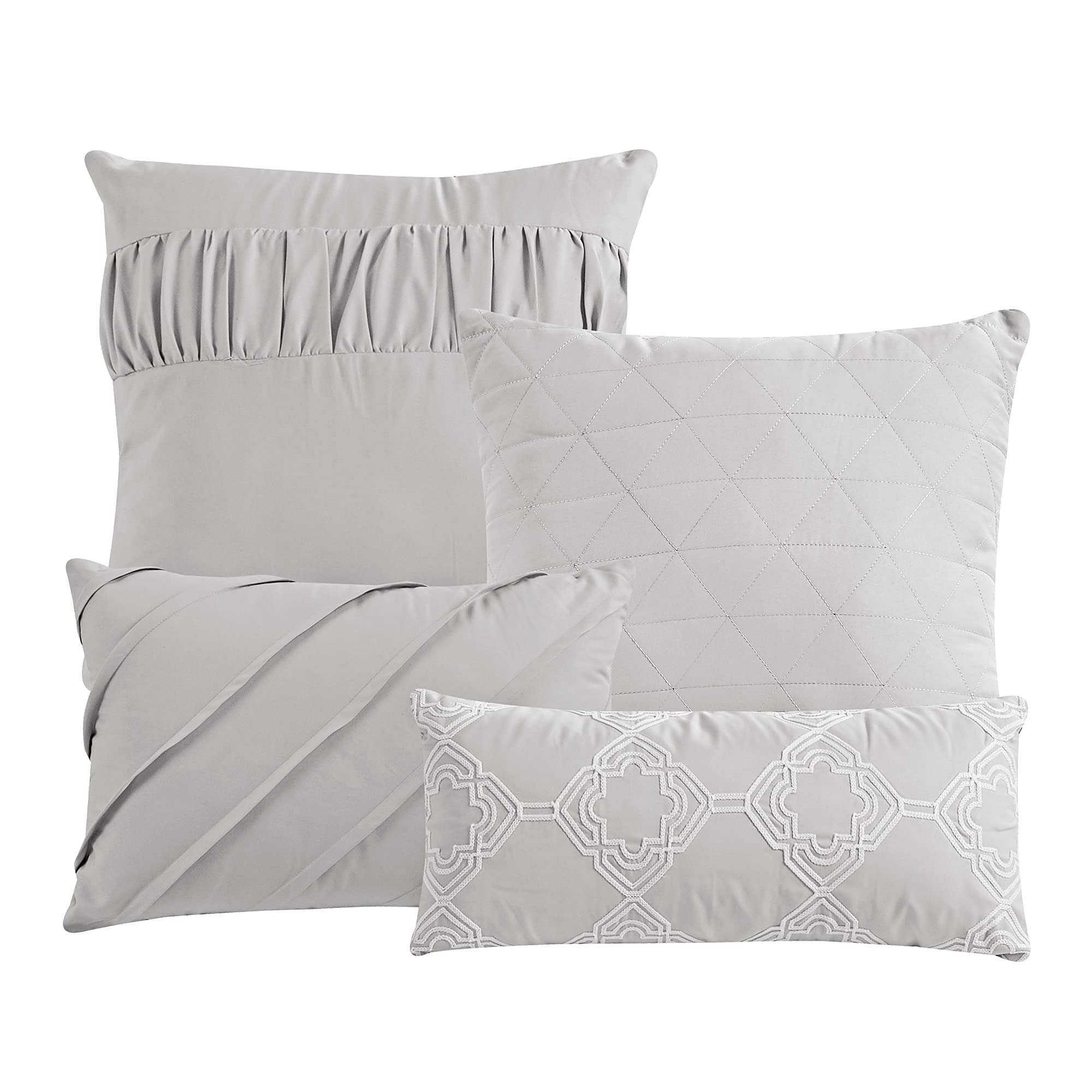 Luxury 7-Piece Linen Comforter Set Full/Queen Size - Beige & White Modern Pattern with Shams & Cushions | Bed in a Bag | Elegant Bedding for Master Bedroom, Guest Room & Airbnb Styling (22110V, F/Q, NAAMA)