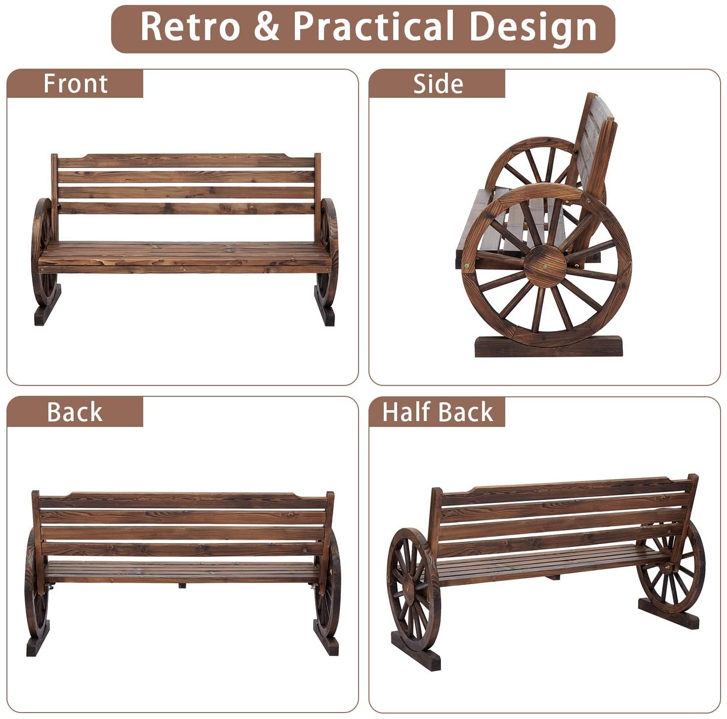 Kinsuite 2-Person Outdoor Wooden Bench - Rustic Wagon Wheel Garden Bench with Slatted Seat & Backrest, Fir Wood Patio Chair for Yard, Garden, and Porch Decor | Perfect for Outdoor Relaxation and Countryside Themed Spaces