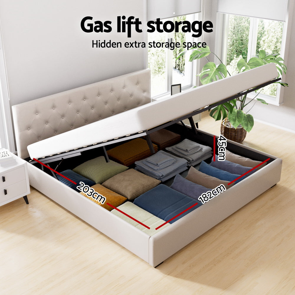 Dorilla Gas Lift Storage King Bed Frame in Beige - Modern Platform Bed with Hydraulic Lift for Easy Storage - Perfect for Small Spaces & Bedroom Organization