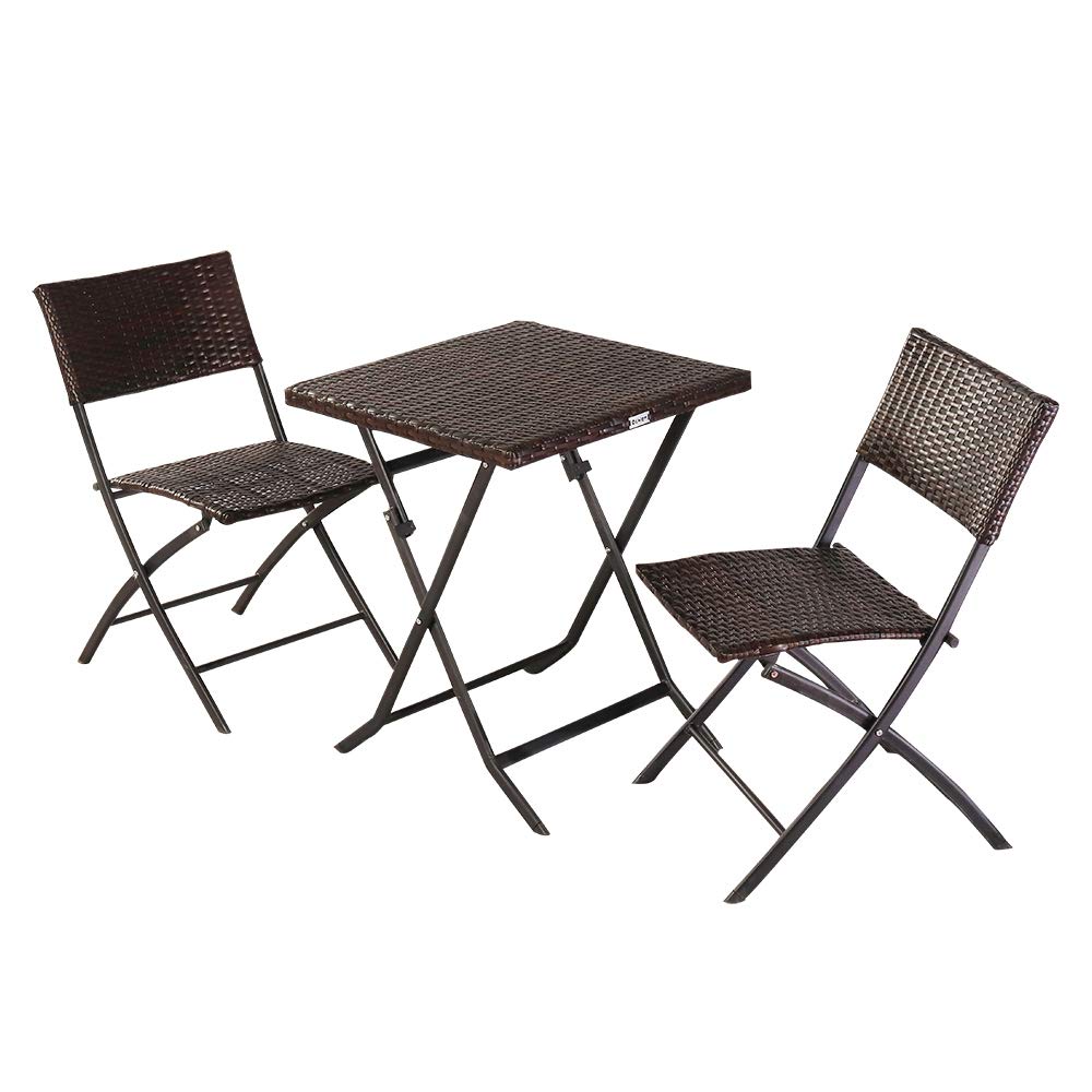 BDYX Folding Rattan Chair with Square Table - 3-Piece Wicker Patio Conversation Set in Brown | Perfect for Outdoor Garden, Balcony, and Backyard Relaxation