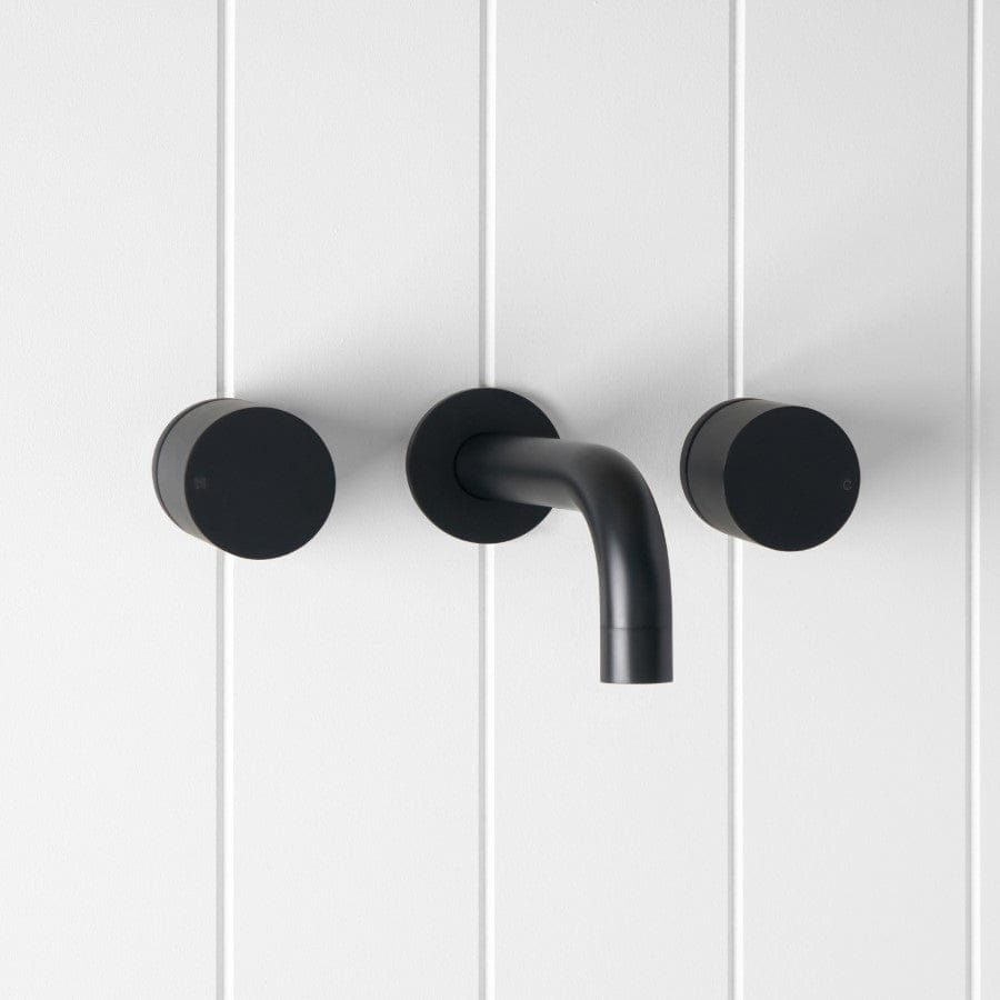 Matte Black Wall Spout with Round Wall Taps - Modern Bathroom Faucet for Sink and Vanity - Perfect for Home, Hotel, and Commercial Use