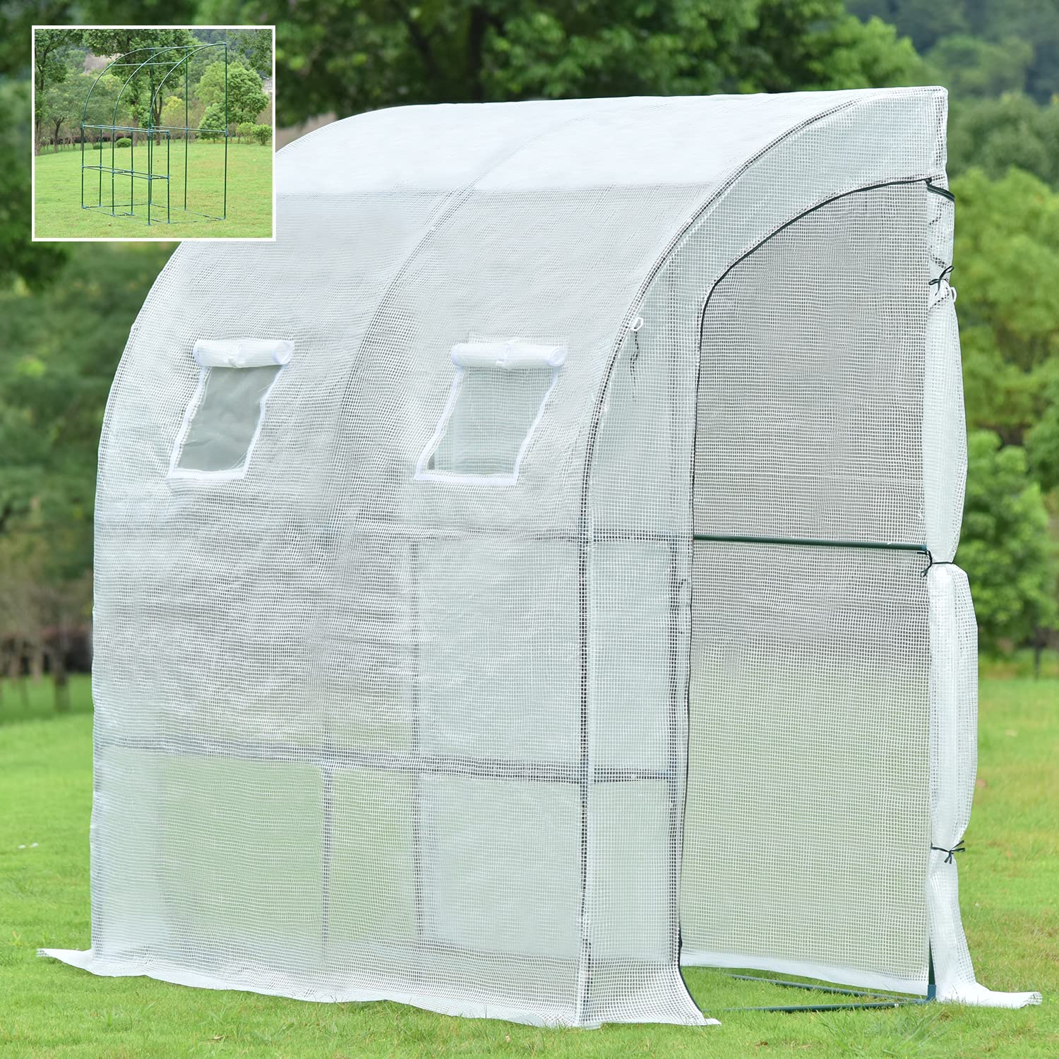 Aoodor 6.7ft x 3.3ft x 7.2ft Walk-in Lean-to Wall Greenhouse - UV Protected & Water Resistant White Polycarbonate Panel with 2 Zipper Doors for Backyard, Patio & Urban Gardening
