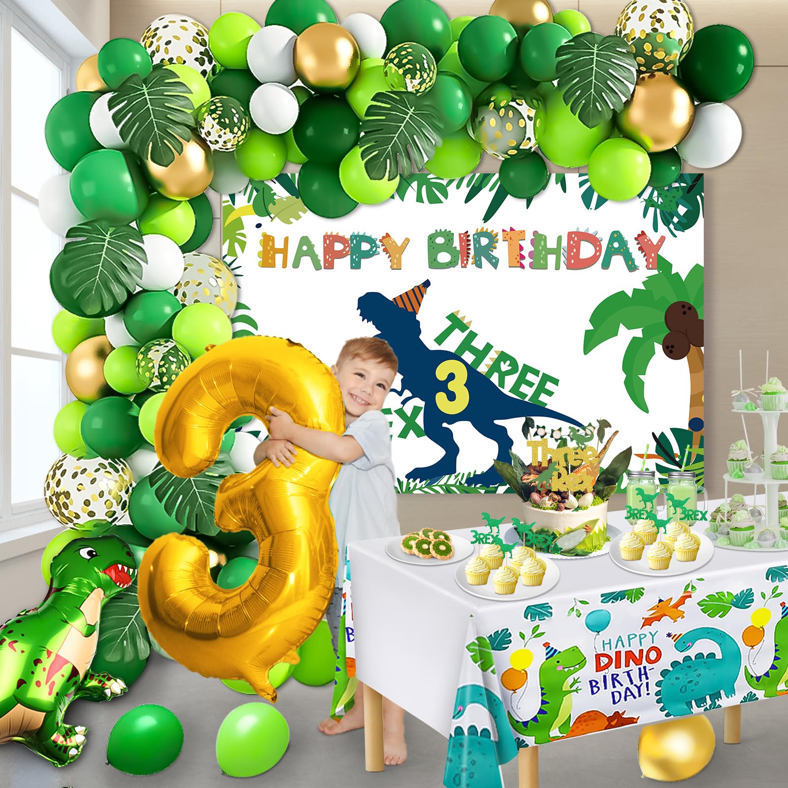 3 Rex Dinosaur Birthday Party Decorations for Boys - 3rd Birthday Backdrop, Balloon Kit, Tablecloth & Cake Toppers | Dino Theme Party Supplies for Kids' Birthday Celebration