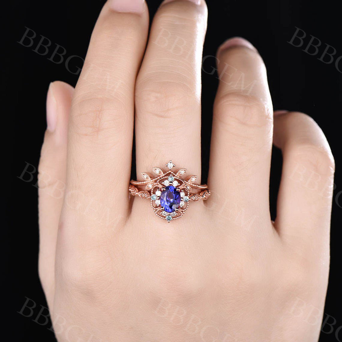 Exquisite Rose Gold Tanzanite Engagement Ring & Art Deco Diamond Wedding Ring Set for Women - Vintage Bridal Jewelry, Anniversary Gift, Proposal Present