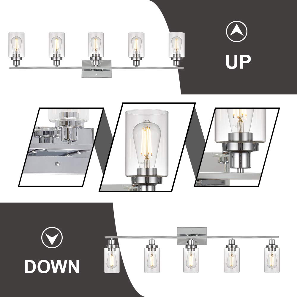 MELUCEE Modern 5-Light Bathroom Vanity Lighting Set - Chrome Finish with Clear Glass Shade, Contemporary Wall Mounted Mirror Lights for Dressing Table & Cabinet - Perfect for Bathroom Makeup Area, Spa Style Decor (Patent: US D963914 S)