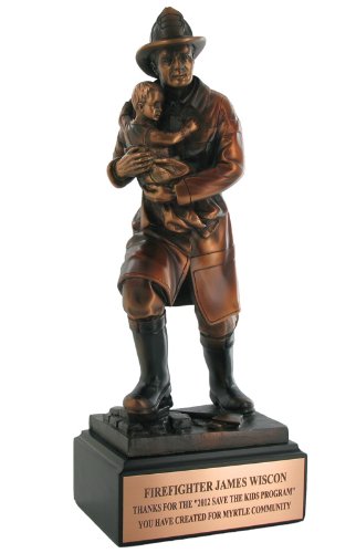 Customizable 11.5 Inch Electroplated Bronze Firefighter Carrying Child Trophy - Personalized Awards & Gifts for First Responders, Fire Department Recognition, Retirement & Appreciation Ceremonies