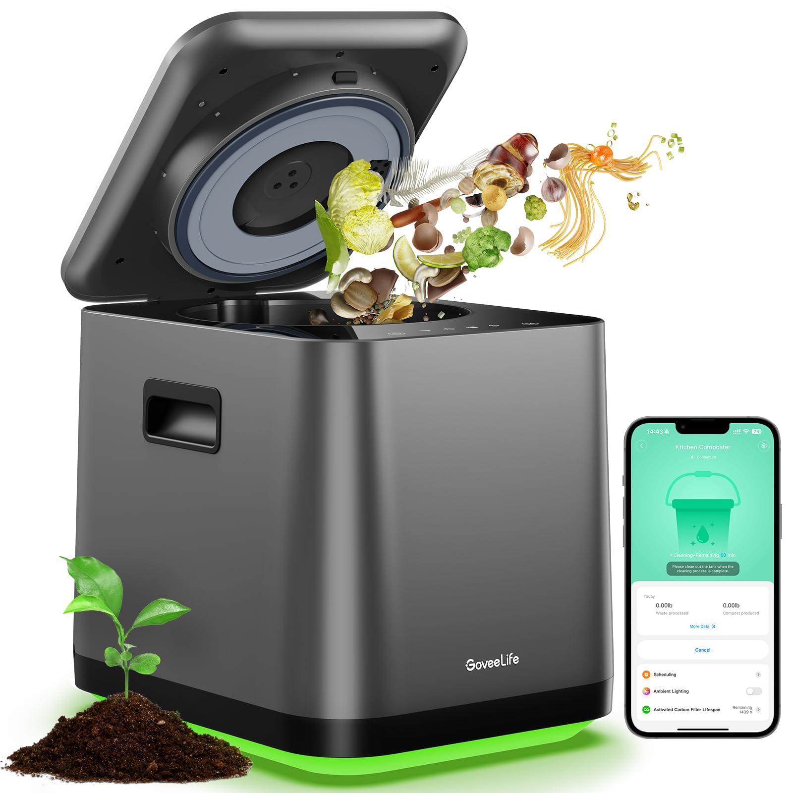 GoveeLife 3L Smart Electric Kitchen Composter with App & Voice Control - Auto-Cleaning, 3 Modes, Food Waste to Fertilizer Converter for Indoor & Garden Use - Perfect for Eco-Friendly Homes & Small Space Composting