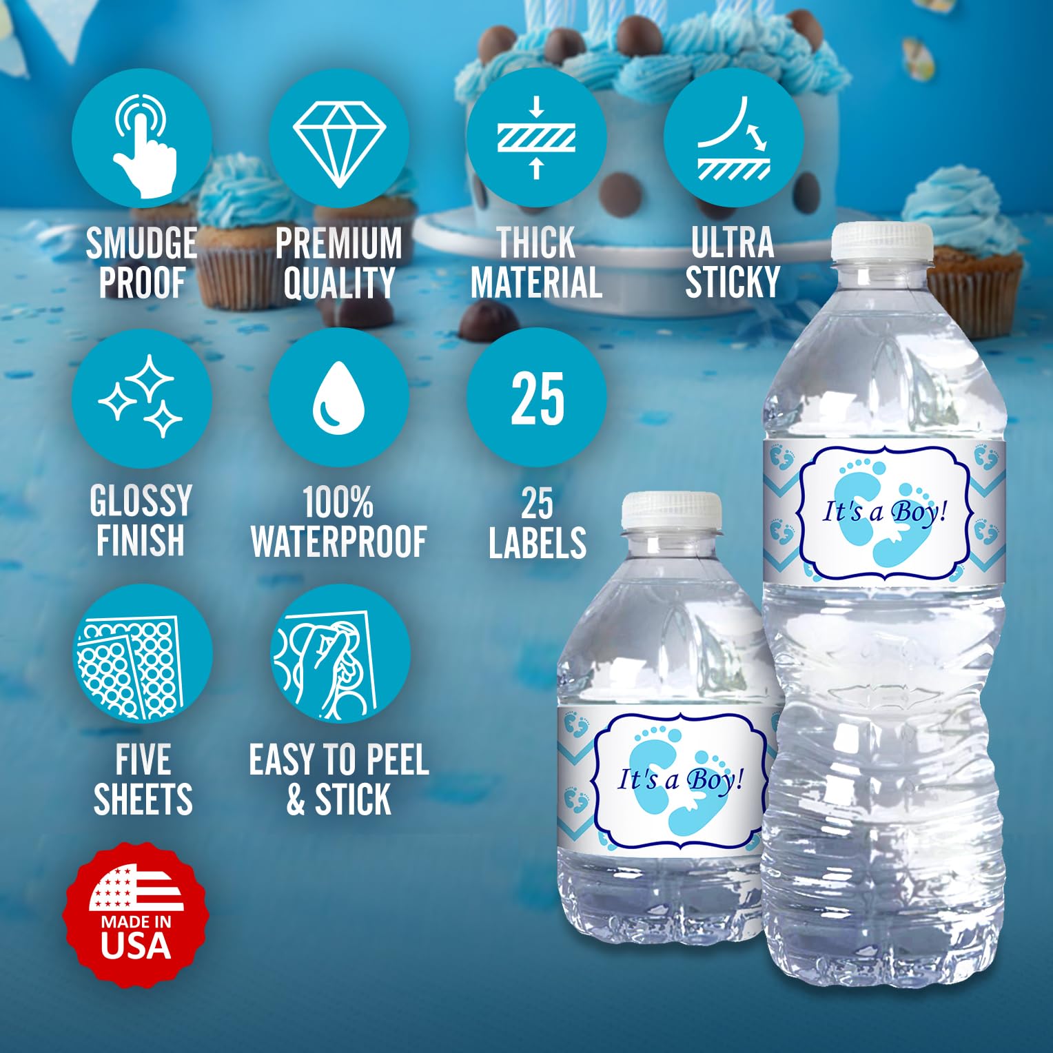 25 Its a Boy Blue Footprints Baby Shower Water Bottle Labels - Waterproof Party Decorations for Baby Showers, Gender Reveals & Newborn Celebrations - Made in USA