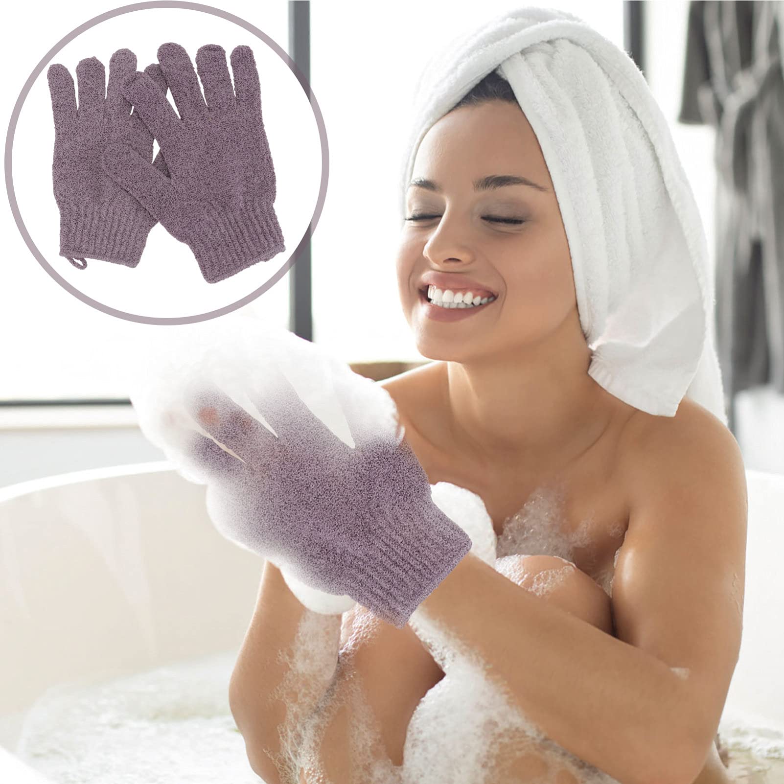 Lurrose 2-Pair Exfoliating Bath Gloves for Deep Cleansing & Smooth Skin - Soft Body Scrub Mittens for Shower & Spa (Purple) - Perfect for Dry Brushing & Dead Skin Removal