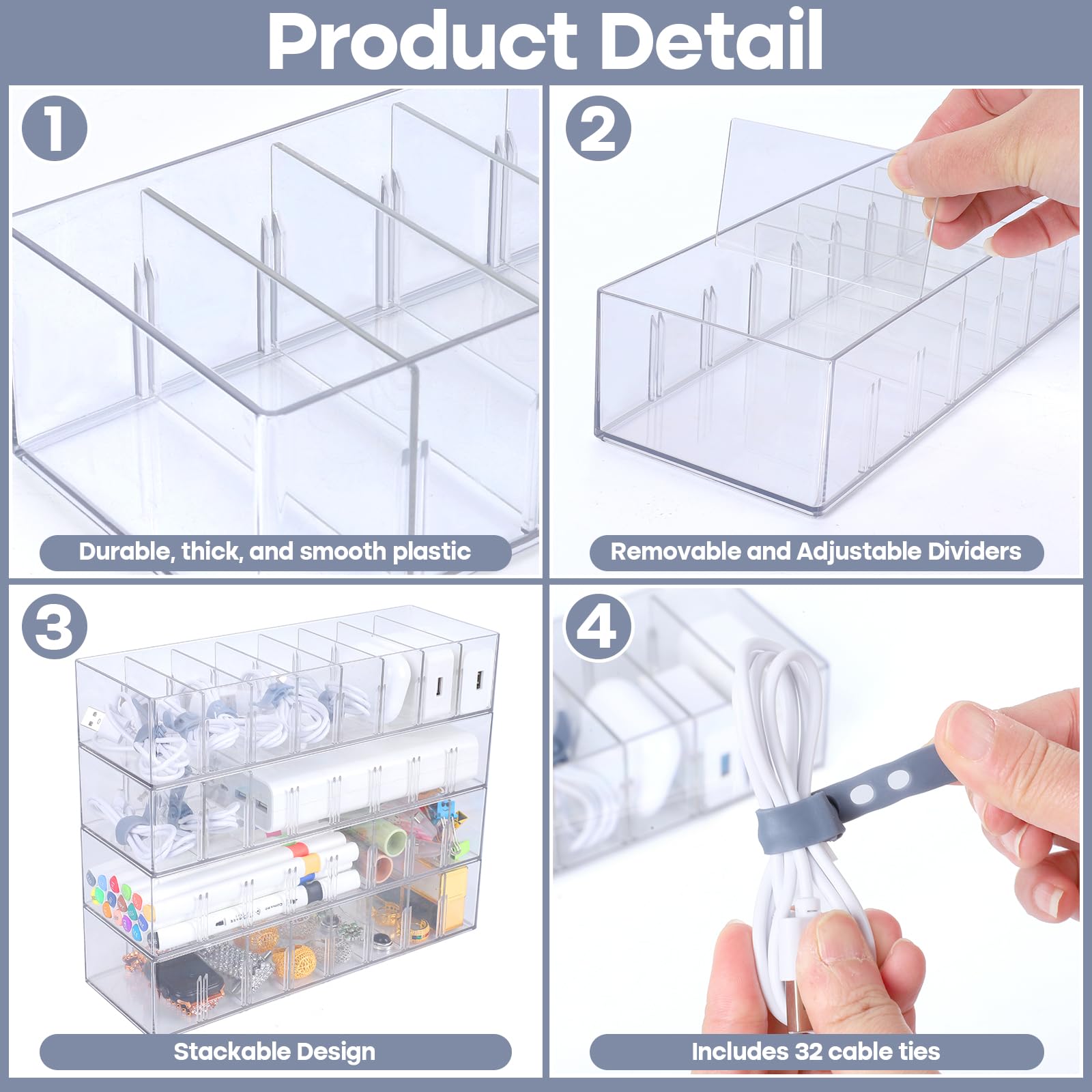 4-Pack Clear Plastic Cord Organizer Box with 32 Cable Ties & 8 Adjustable Dividers - Cable Management Solution for Home Office, Desk Drawer, Electronics Storage - Perfect for Organizing Chargers, Wires, and Small Accessories