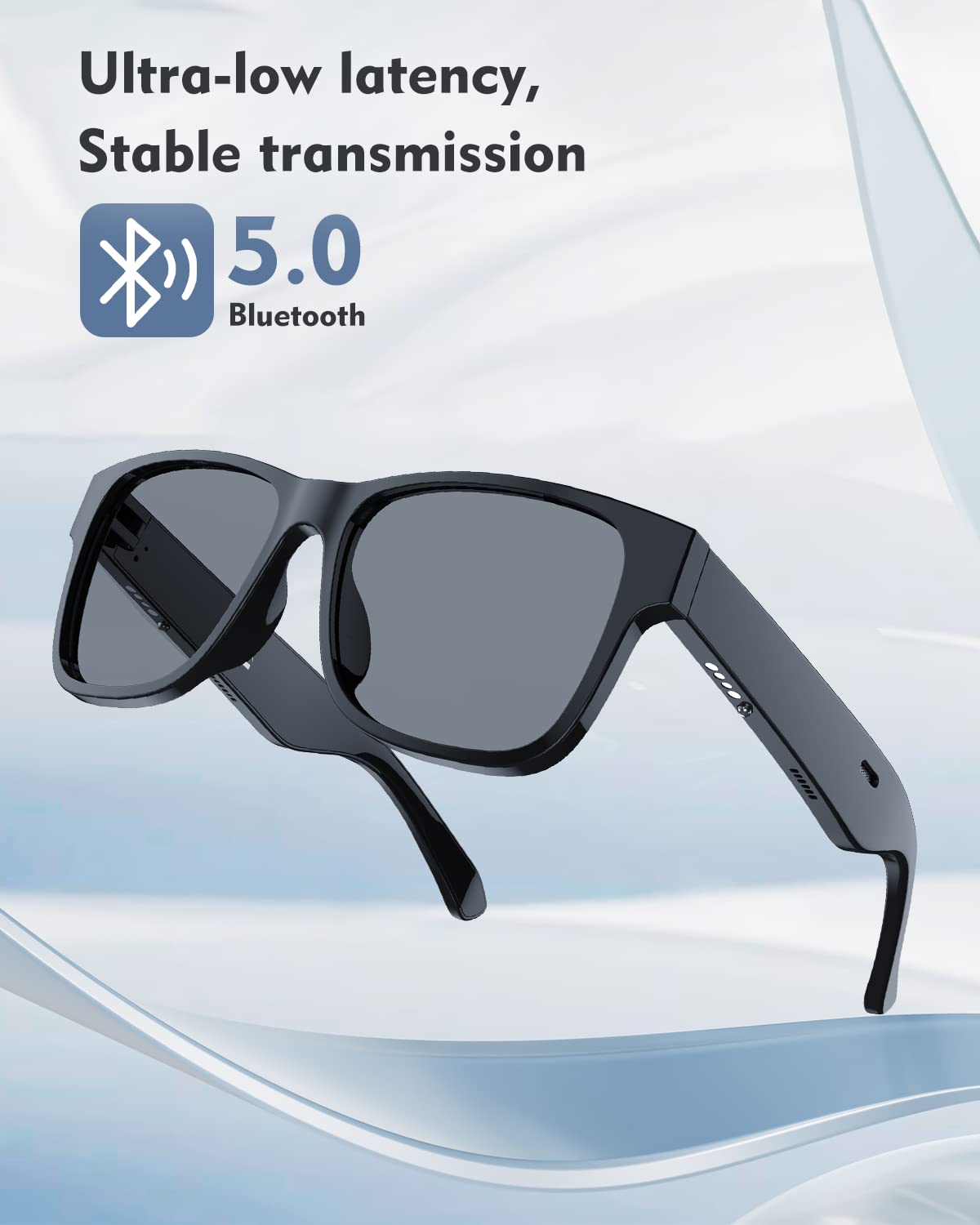 RUIMEN Bluetooth Smart Glasses with Built-in Speakers & Mic - Open Ear Audio Sunglasses for Men & Women - Hands-Free Calling, Volume Control, UV Protection, IPX4 Waterproof - Perfect for Running, Cycling & Outdoor Activities (Classic Black, Standard Size)