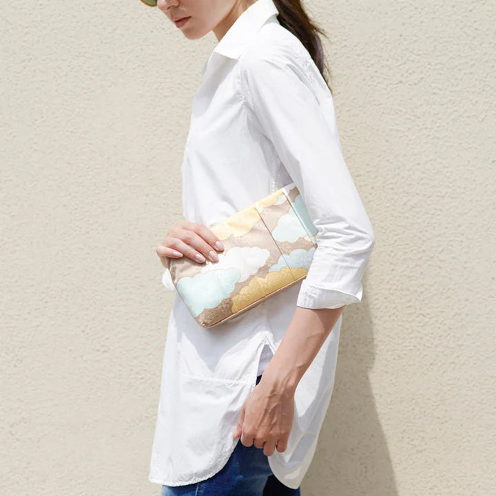 Kyo Yuzen Clutch Bag - Navy & Beige Japanese Handmade Purse from Kyoto | Elegant Evening Bag for Women, Perfect for Weddings & Special Occasions