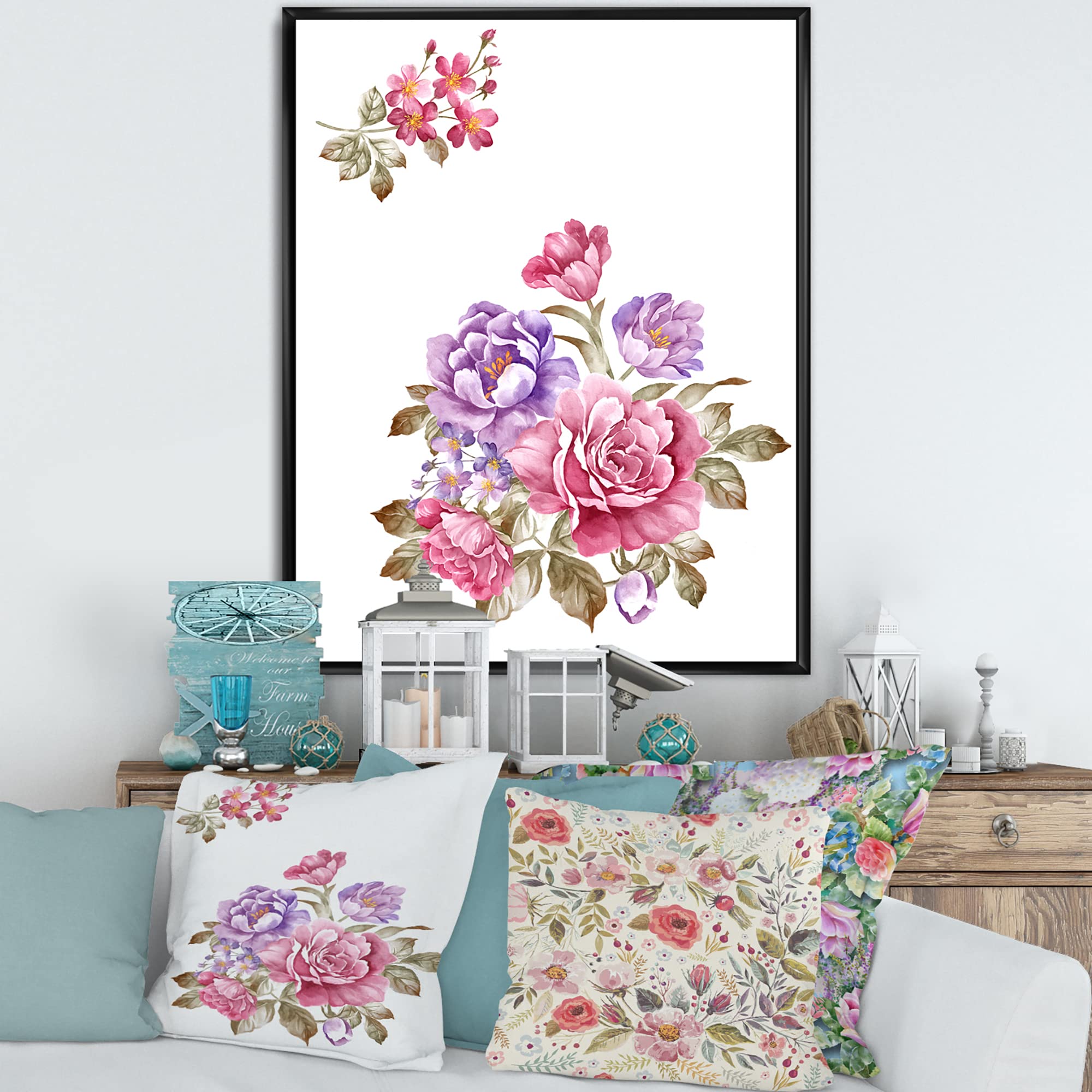 Pink and Purple Floral Bouquet Farmhouse Framed Canvas Wall Art - Elegant Home Decor for Living Room, Bedroom & Office