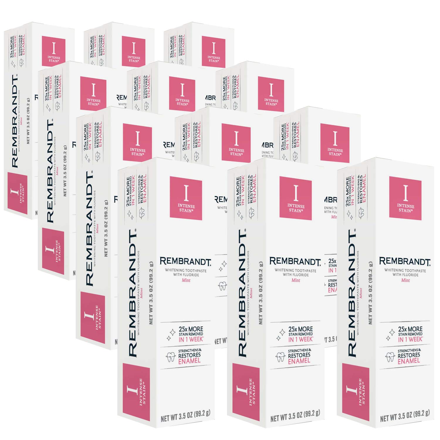 REMBRANDT Intense Stain Whitening Toothpaste with Fluoride - Professional Teeth Whitener for Coffee & Wine Stains, Enamel Strengthening Formula, Fresh Mint Flavor, 3.5oz (12 Pack) - Perfect for Daily Oral Care & Bright Smile Maintenance