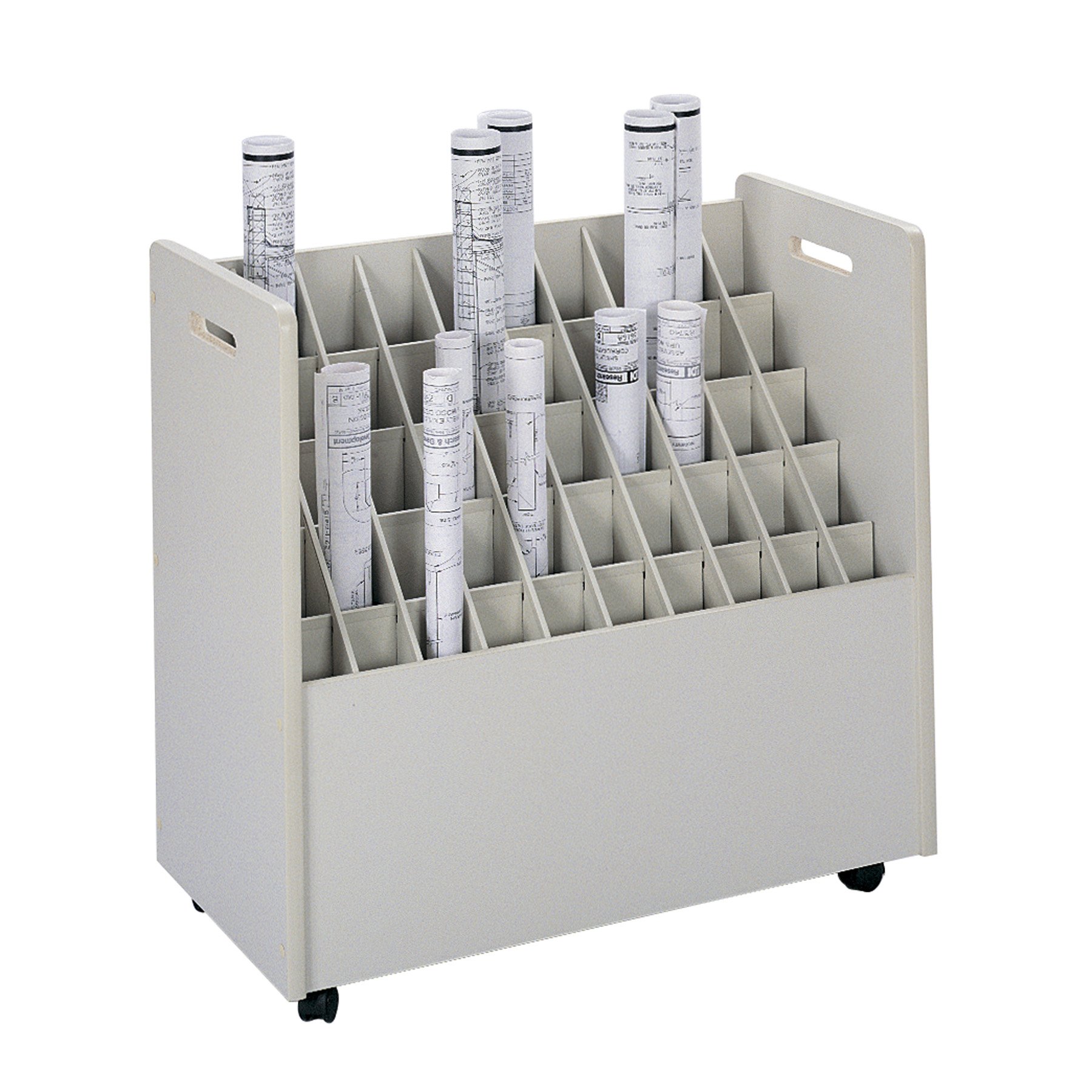 Safco Wood & Laminate Mobile File Cart - 50-Compartment Rolling Organizer for Documents, Blueprints, Architectural Drawings & Construction Plans | Office Storage & Workspace Organization Solution