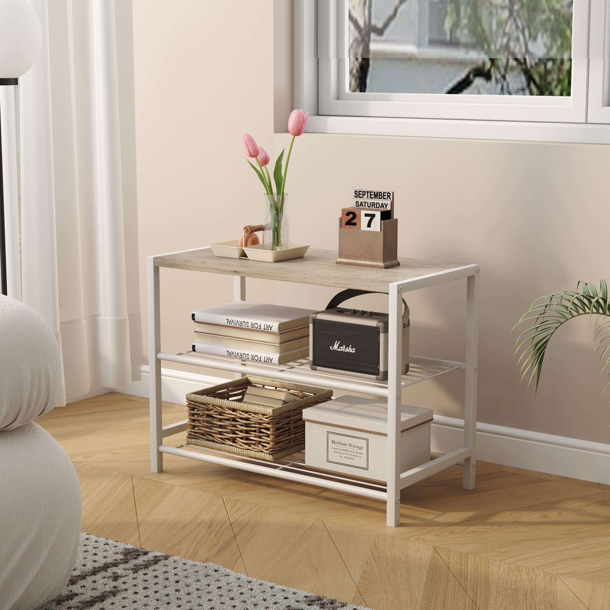 HOMEFORT 3-Tier Metal Shoe Rack - Space Saving Shoe Storage Shelf, Industrial Shoe Organizer Tower for Closet, Entryway & Small Spaces - Durable Narrow Shoe Table with White Oak Finish - Perfect for Apartments, Dorm Rooms & Mudroom Organization