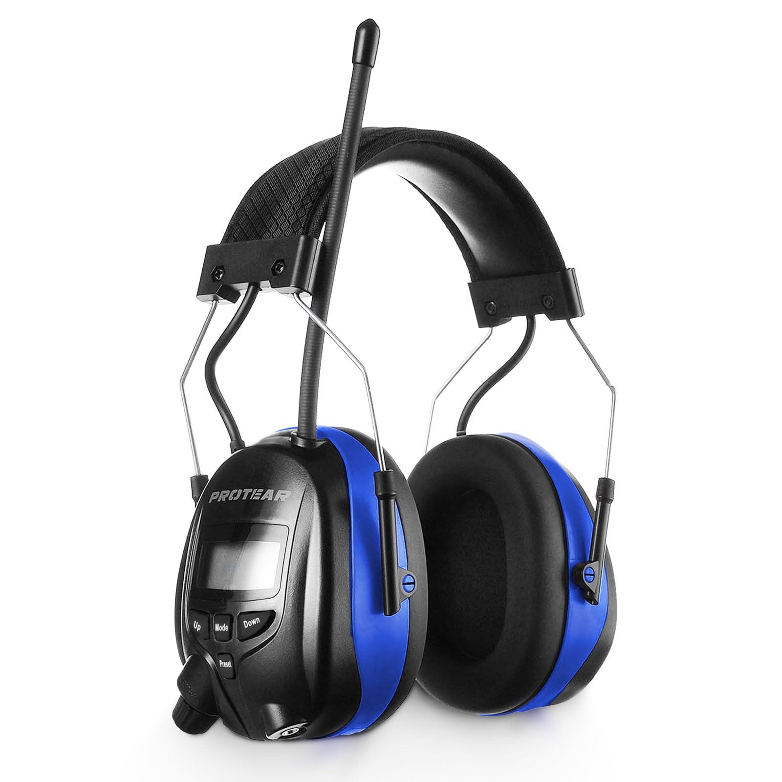 Wireless AM/FM Bluetooth Safety Headphones with 25dB Noise Reduction, Digital Display & Built-in Mic - Rechargeable Hearing Protection Earmuffs for Lawn Mowing, Construction Work, Workshop & Outdoor Activities (Blue)