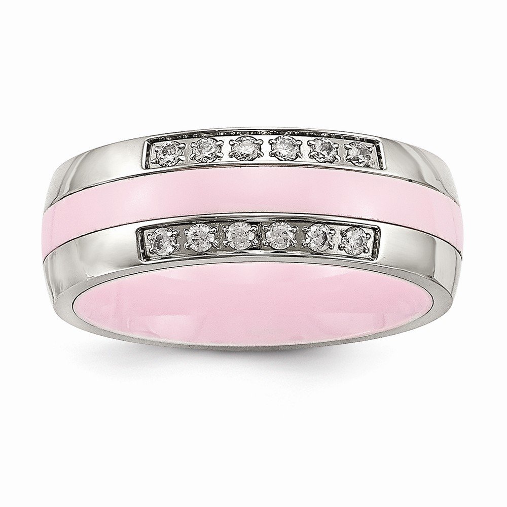 Stainless Steel Pink Ceramic CZ Cubic Zirconia Wedding Band Ring for Women - Elegant & Durable Bridal Jewelry for Engagement, Anniversary & Special Occasions