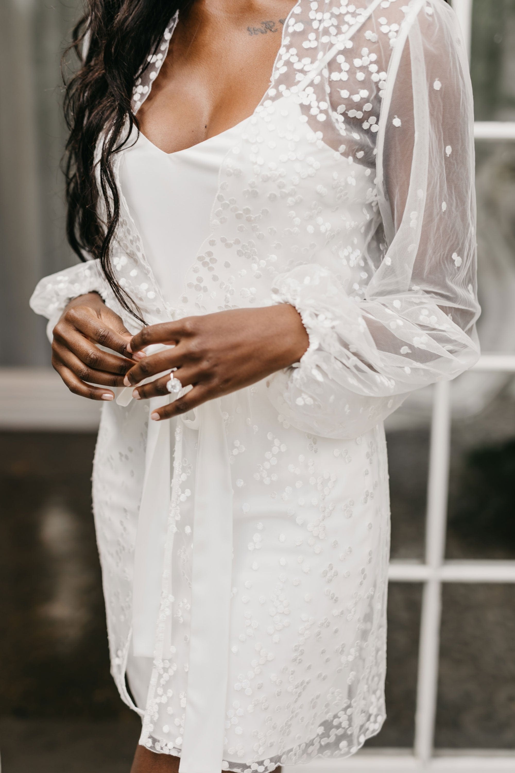 Camile Spot Lace Bridal Robe with Slip - Elegant Wedding Gown for Bridal Shower, Getting Ready & Honeymoon - Plus Size Available