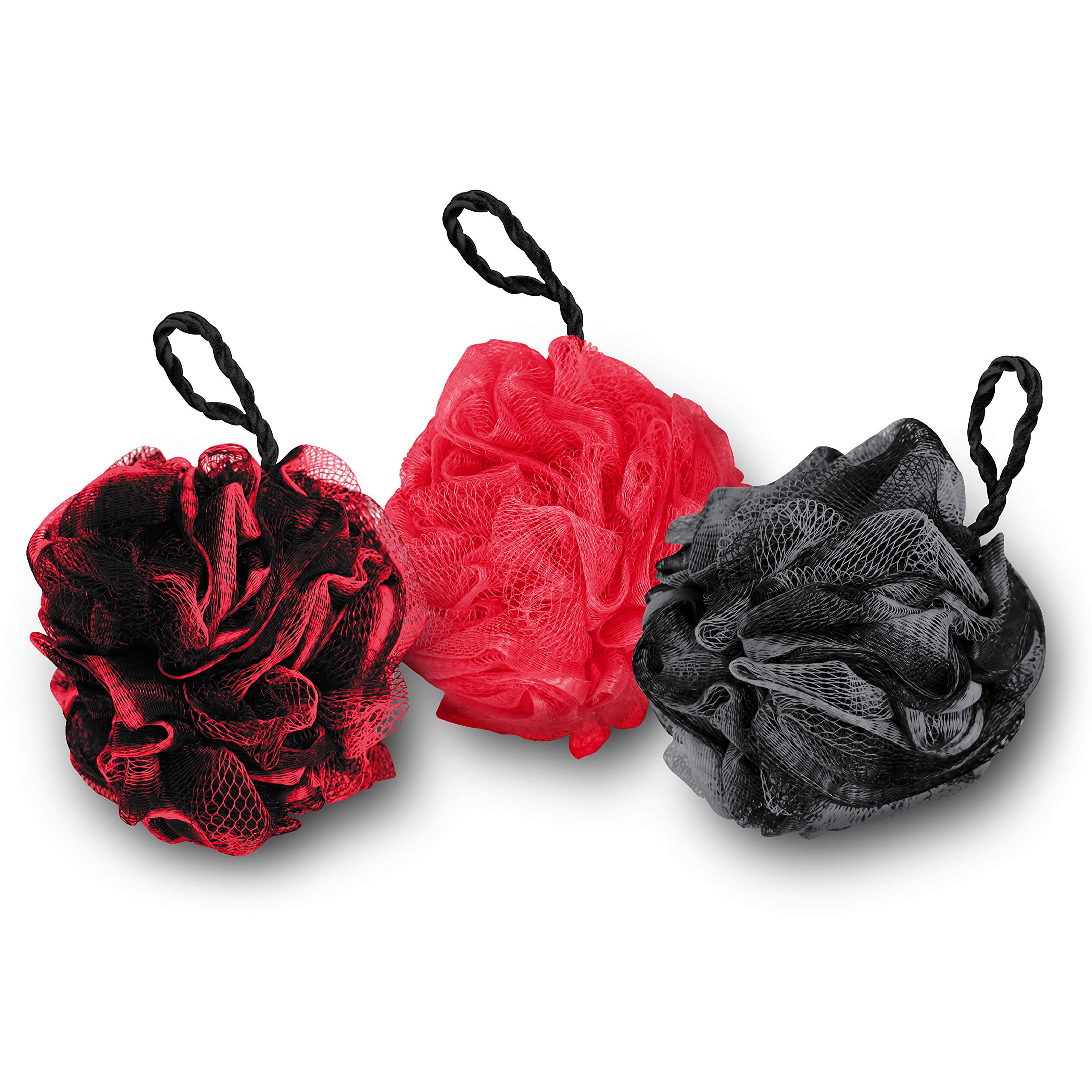 3 Large Exfoliating Shower Loofah Poufs with Rope Hanger - Rich Lather for Deep Cleansing & Skin Renewal - Perfect for Men's Grooming & Spa Day (Red)