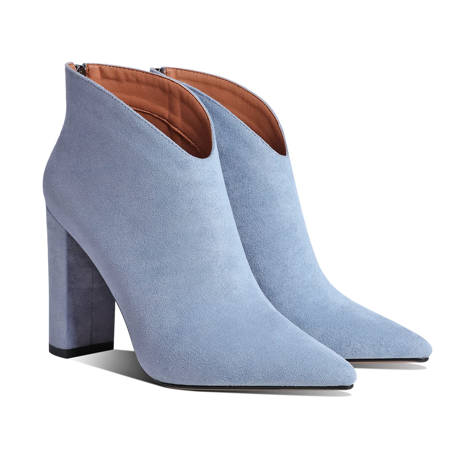 LEHOOR Women's Suede Chunky Heel Booties - Pointed Toe Ankle Boots with Back Zipper, 3 Inch Block Heel, Vintage Style for Work, Dress & Winter Fashion (US 4-11) | Perfect for Office, Date Night & Cold Weather Outfits