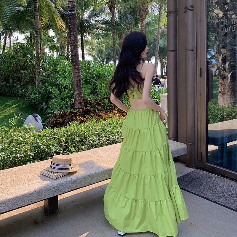 Elegant Green Spaghetti Strap Maxi Dress for Women | Flowy Summer Layered Dress | Perfect for Beach Vacations, Date Nights & Outdoor Weddings
