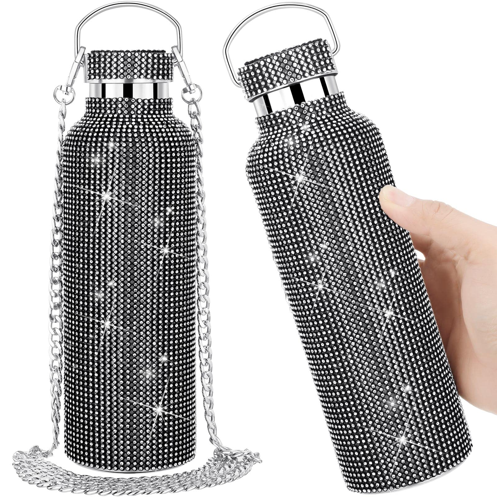 2 Pack Bling Diamond Rhinestone Glitter Water Bottle with Chain - 17oz Stainless Steel Thermal Insulated Bottle - Bedazzled Refillable Gift for Women & Girls (Black) - Perfect for Gym, Office, School & Travel