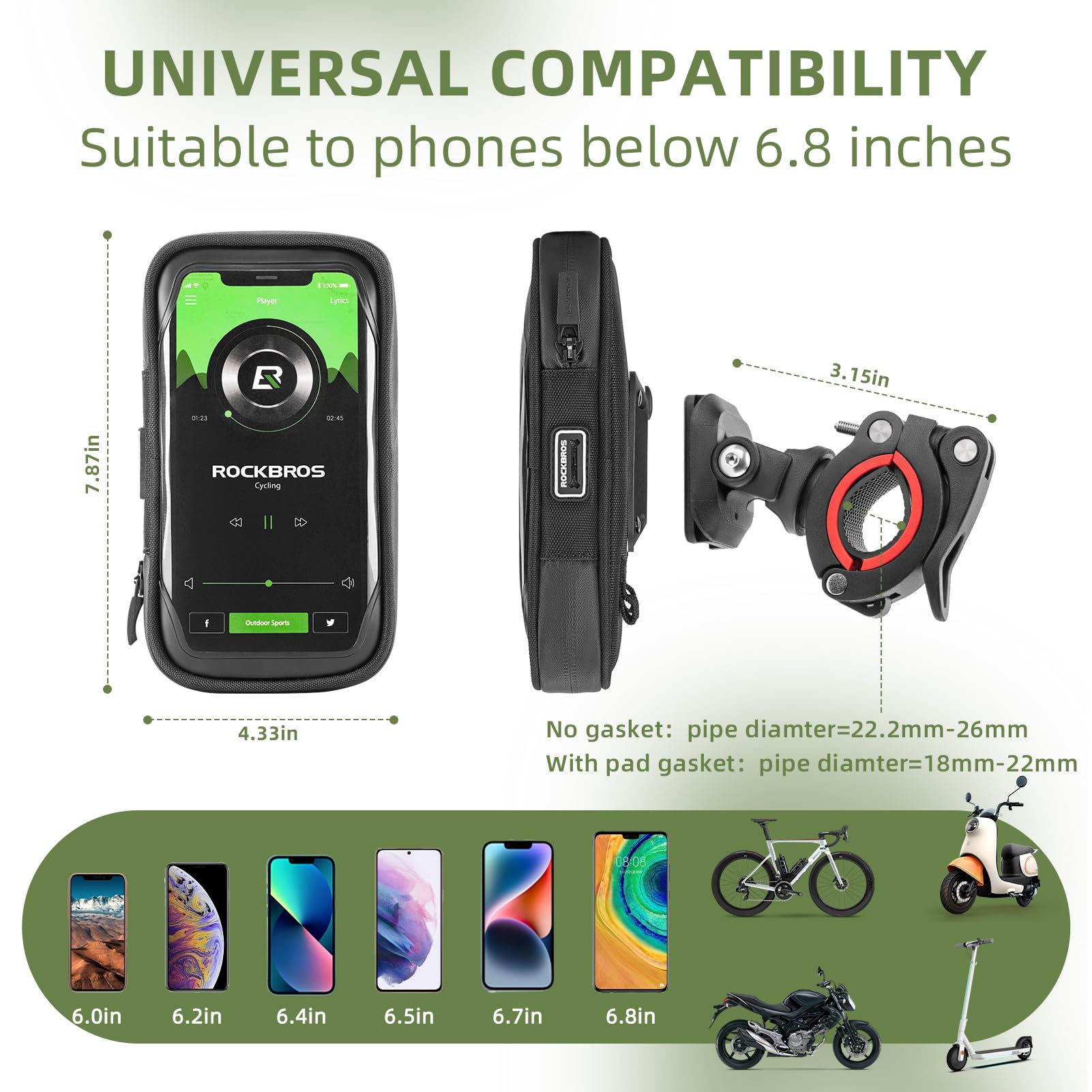 ROCKBROS Waterproof Shockproof Bike Phone Mount Holder - Universal Bicycle Phone Pouch for iPhone 11/12/XR/XS/7/8 Plus & Smartphones Under 6.8