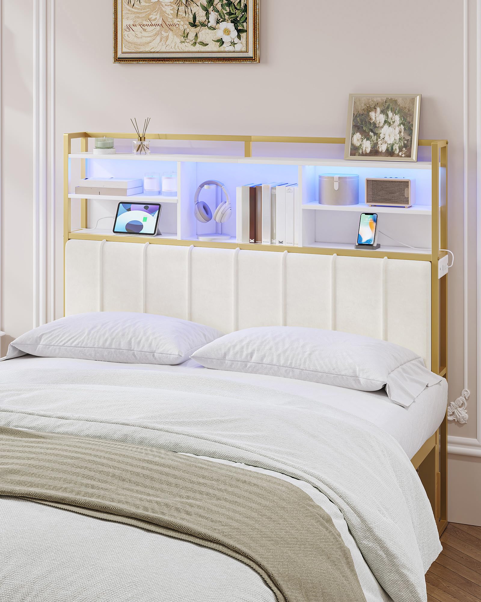 Velvet Upholstered Queen Size Headboard with 3-Tier Storage Shelves, 2 Outlets & USB Ports, LED Light - Soft Backrest in White & Gold (BH15203A) - Perfect for Bedroom Organization & Modern Home Decor