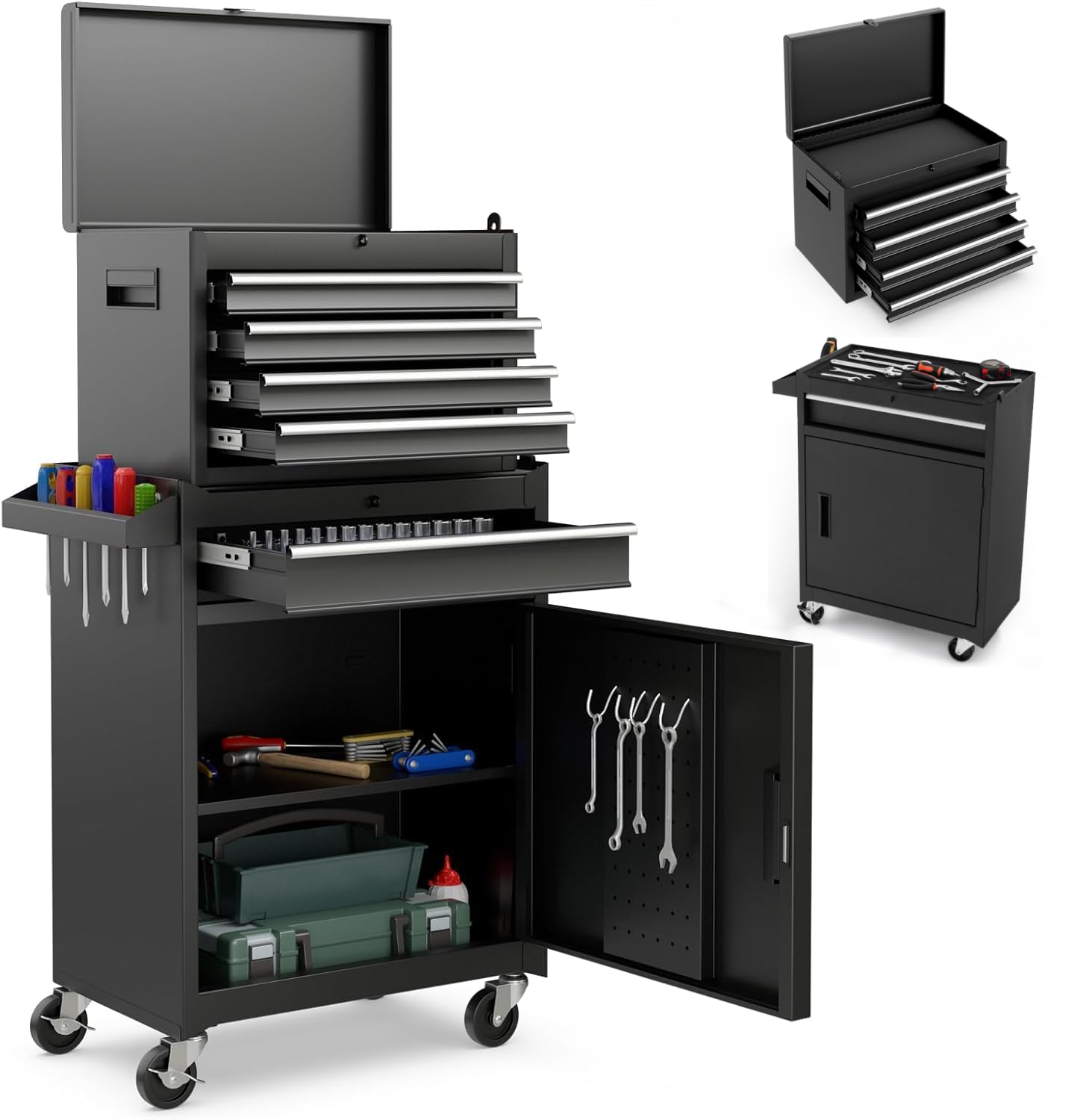ERGOMASTER Heavy Duty 5-Drawer Rolling Tool Chest with Lockable Cabinet - Black | Durable Garage & Workshop Tool Storage for Mechanics & DIY Projects