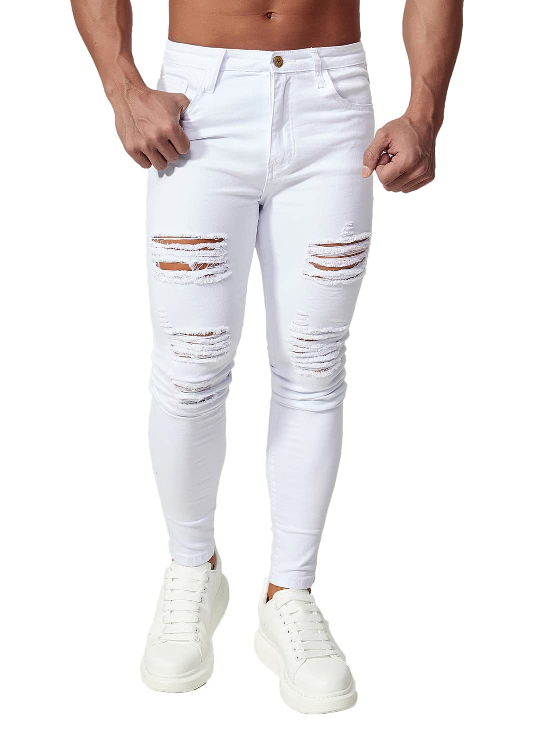 HUNGSON Men's Ripped Skinny Jeans - Stretch Slim Fit Denim Pants for Men | Comfortable & Stylish for Casual Wear, Night Out & Street Fashion