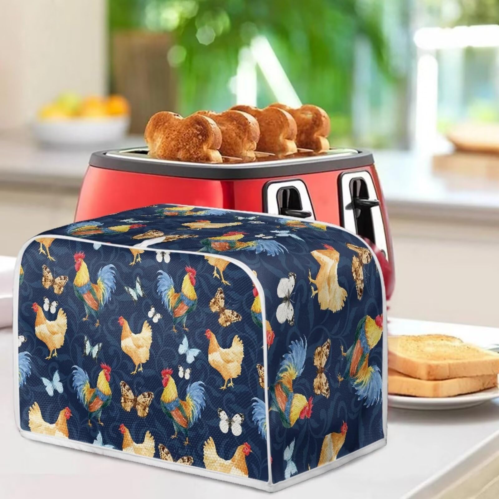ZDCUSTOM Rooster Chicken Butterfly Toaster Cover - 2 Slice Bread Maker Dust Protector - Waterproof & Fingerprint Resistant - Perfect for Kitchen, Breakfast Nook & Small Appliances Protection