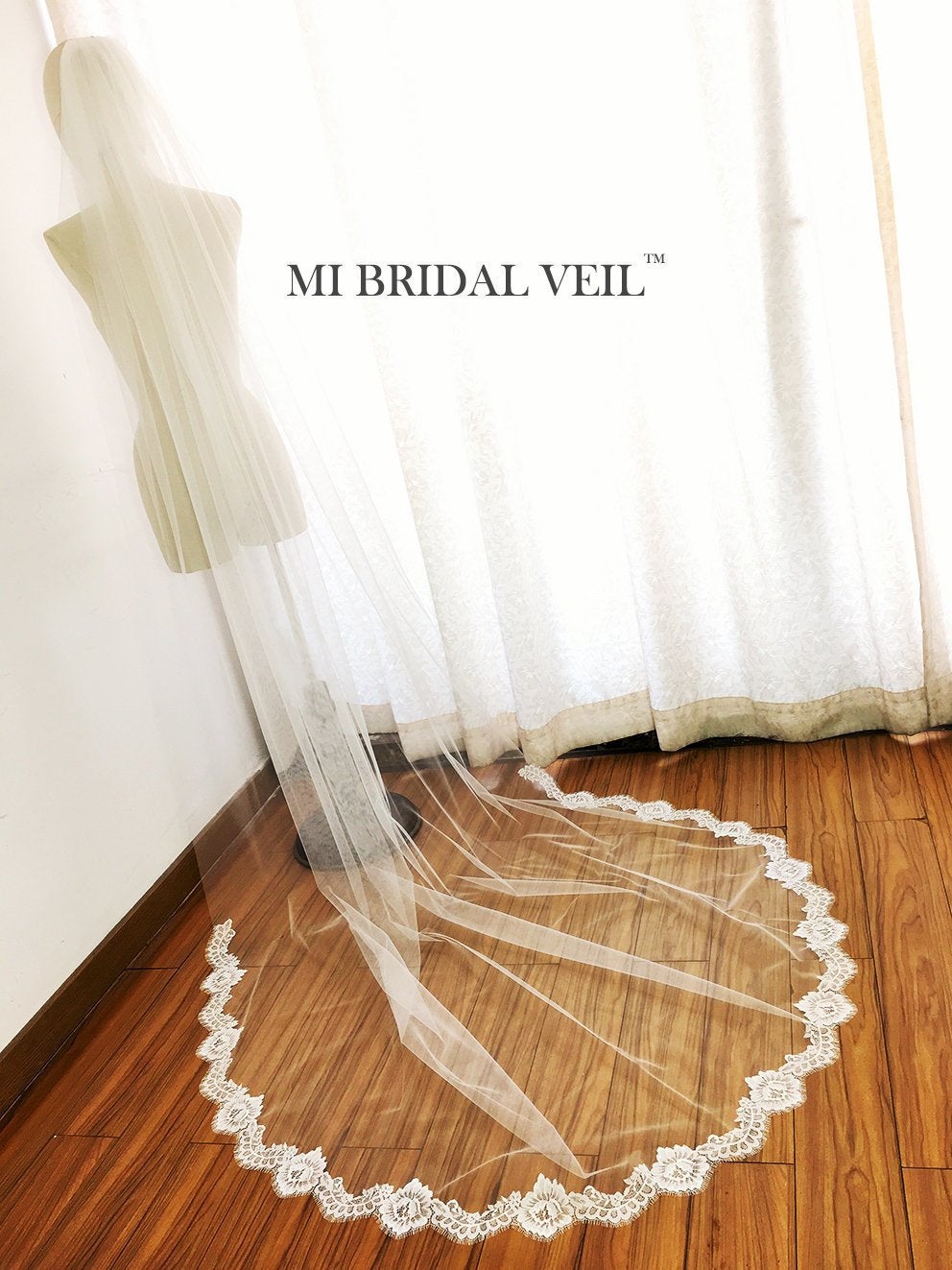 Chapel Length Wedding Veil with Eyelash Chantilly Rose Lace Trim - Elegant Bridal Veil for Weddings, Church Ceremonies & Romantic Photos